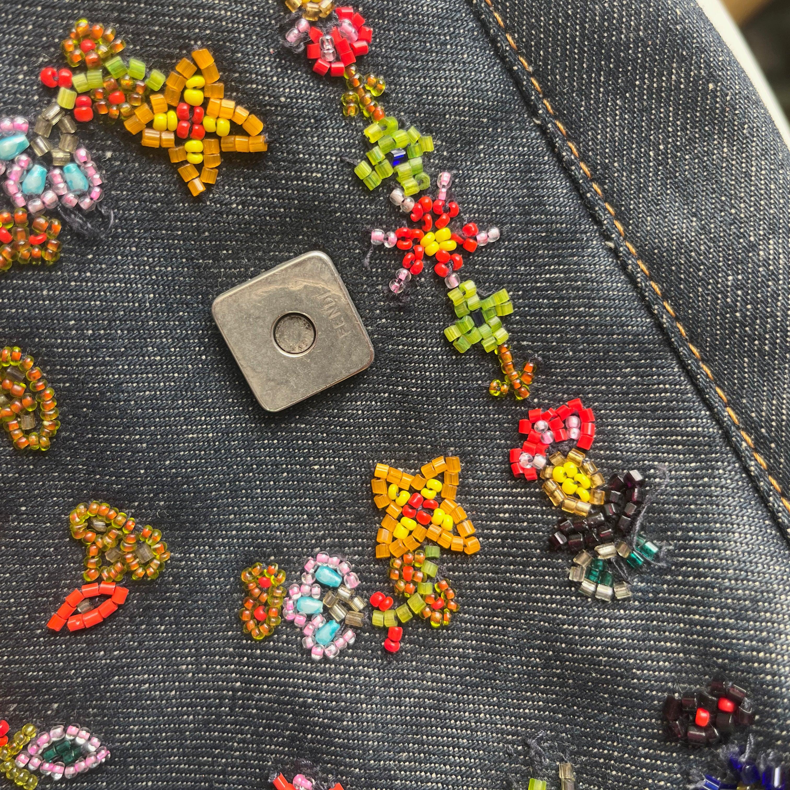 FENDI Mamma Baguette Blue Denim with Floral Beads 15