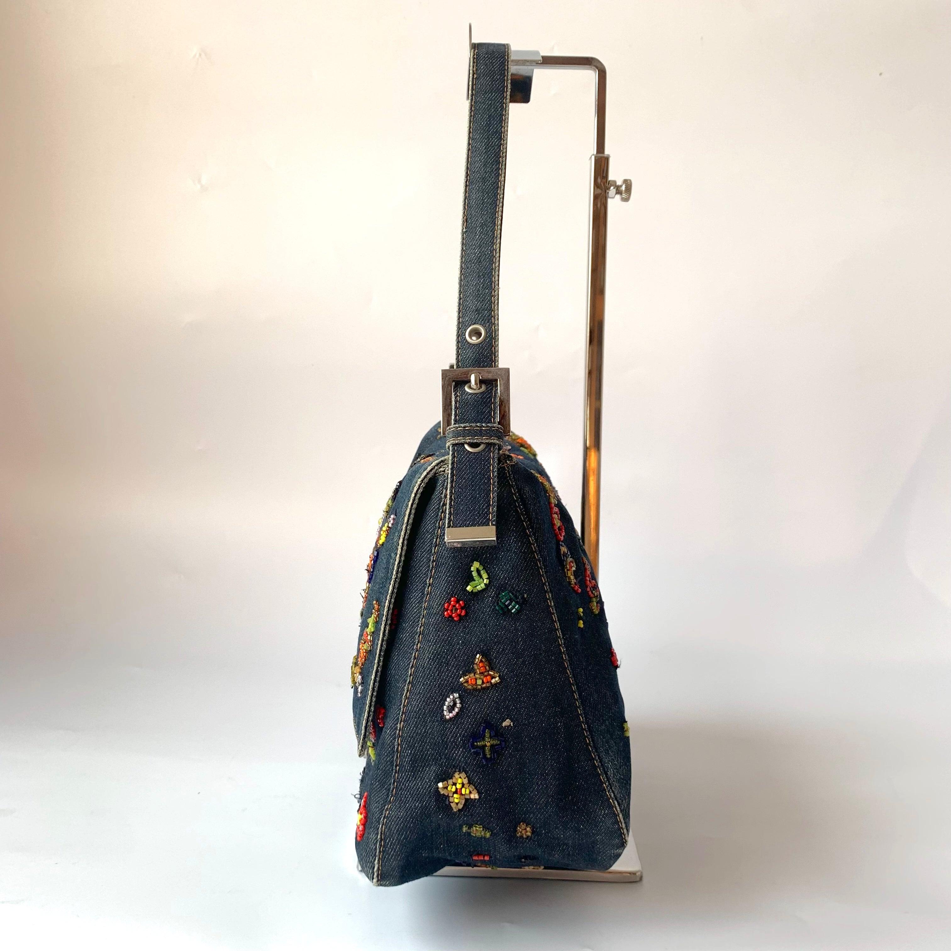 Black FENDI Mamma Baguette Blue Denim with Floral Beads