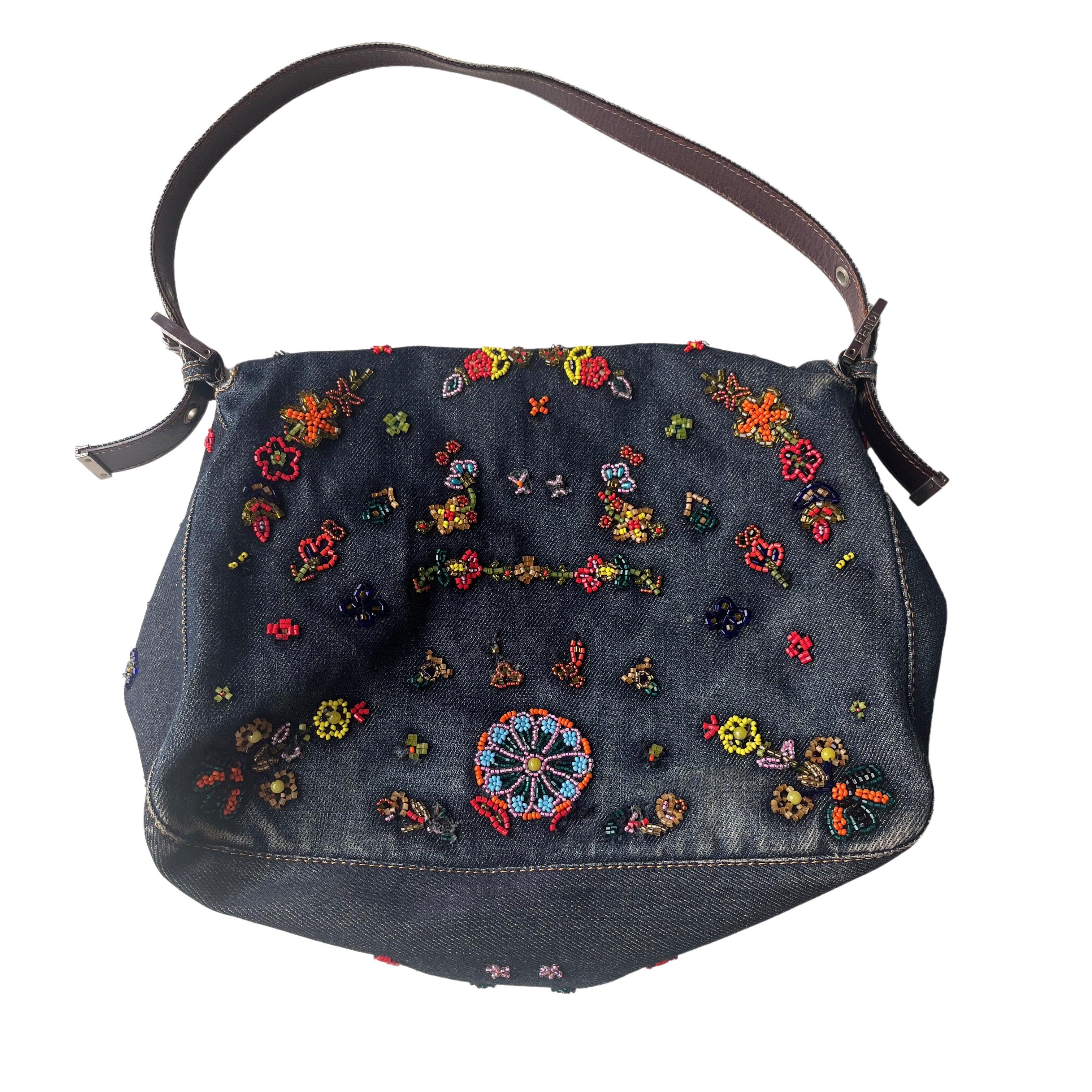 Black FENDI Mamma Baguette Blue Denim with Floral Beads
