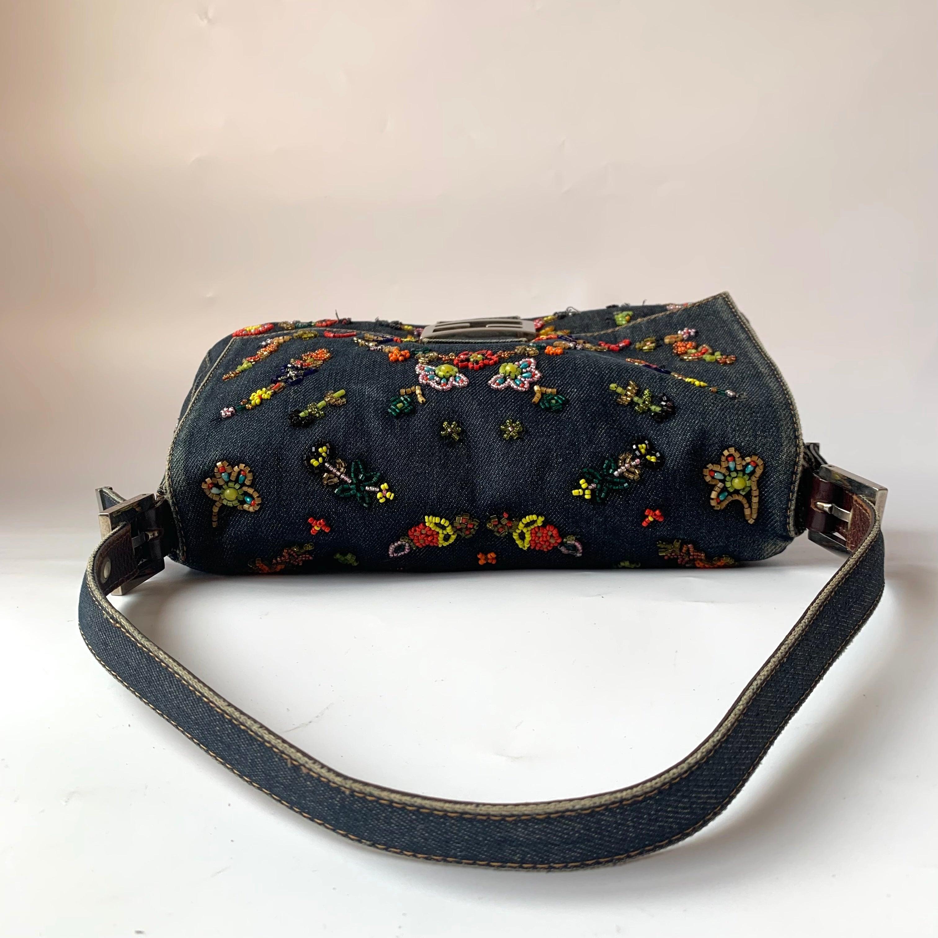 Women's FENDI Mamma Baguette Blue Denim with Floral Beads