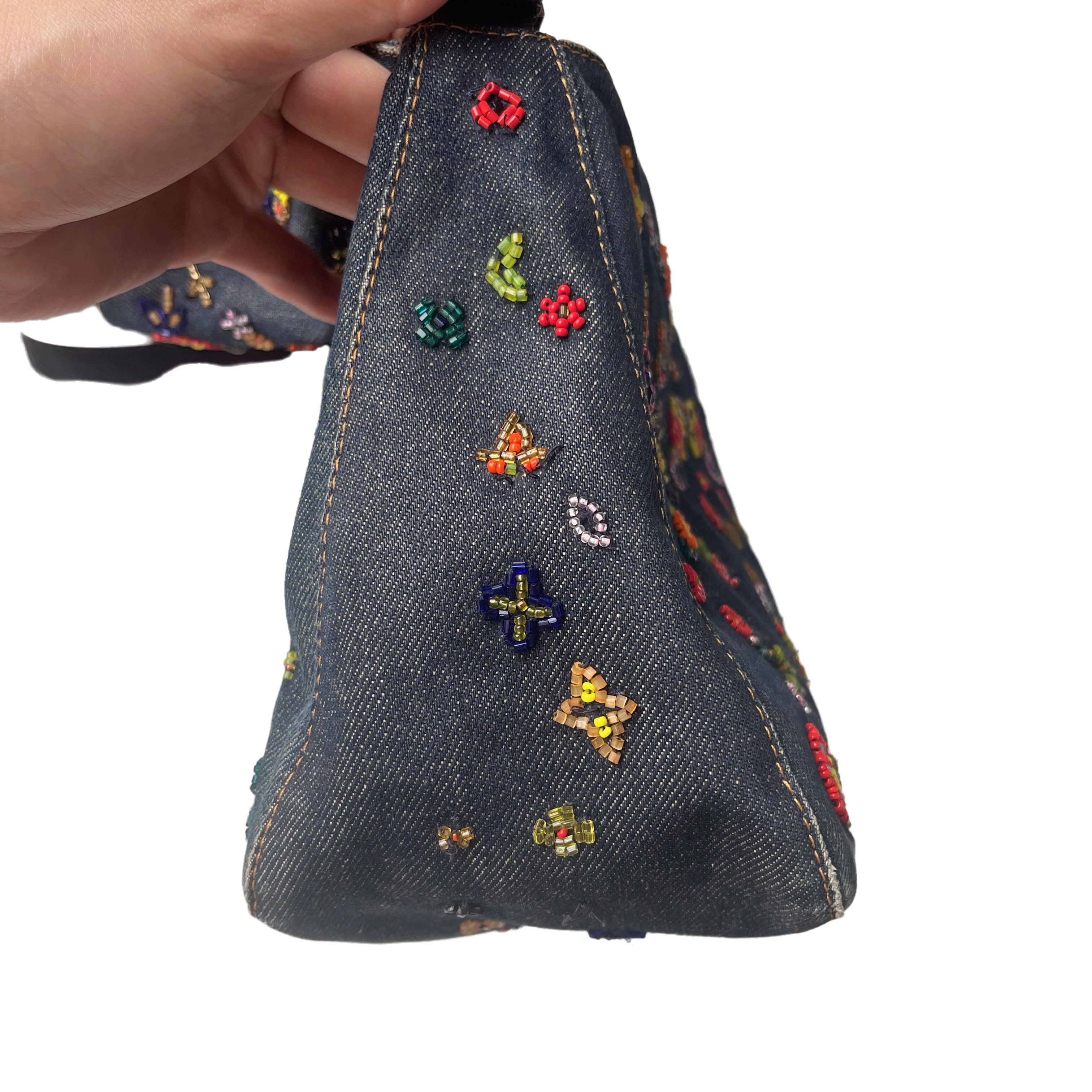 Women's FENDI Mamma Baguette Blue Denim with Floral Beads