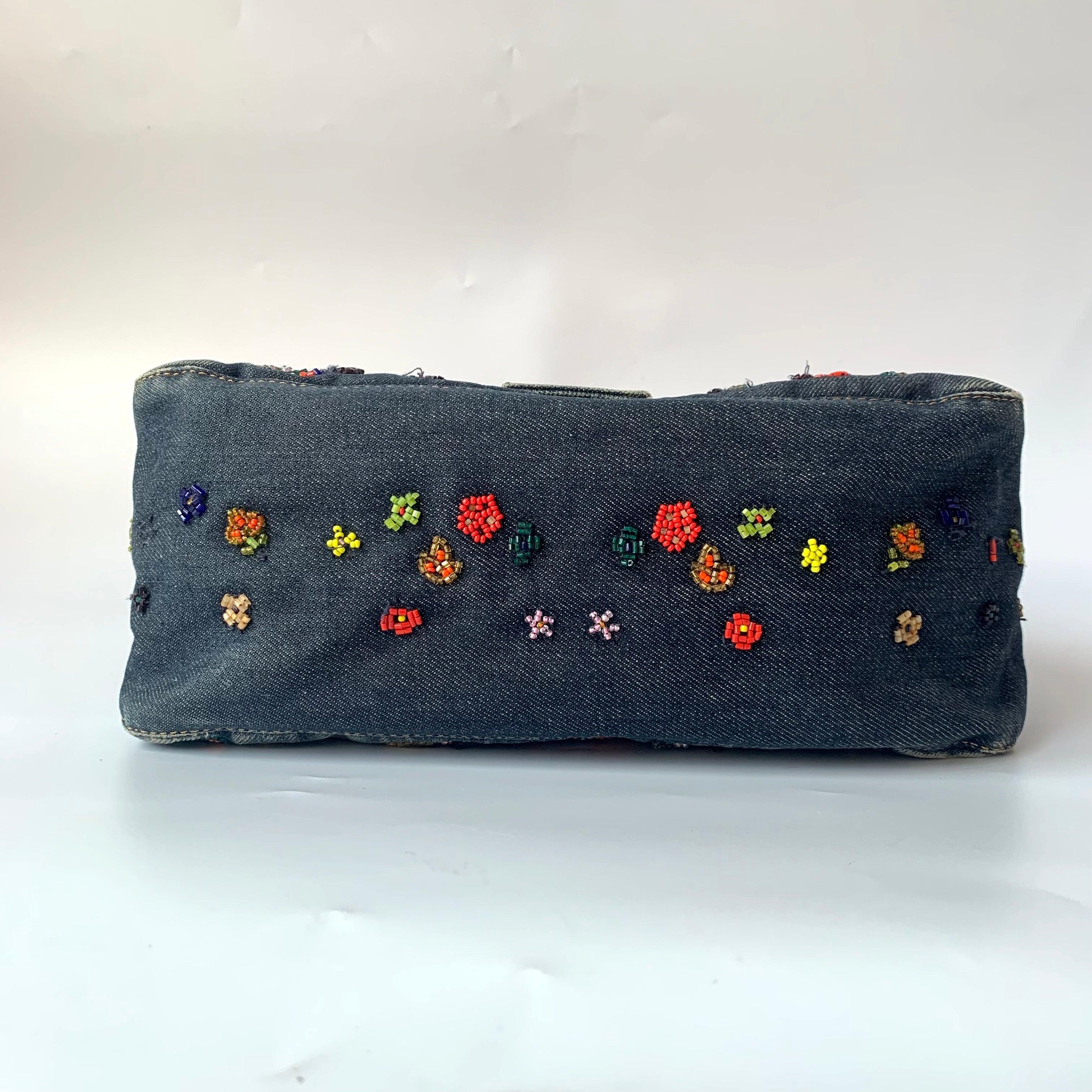 FENDI Mamma Baguette Blue Denim with Floral Beads 1