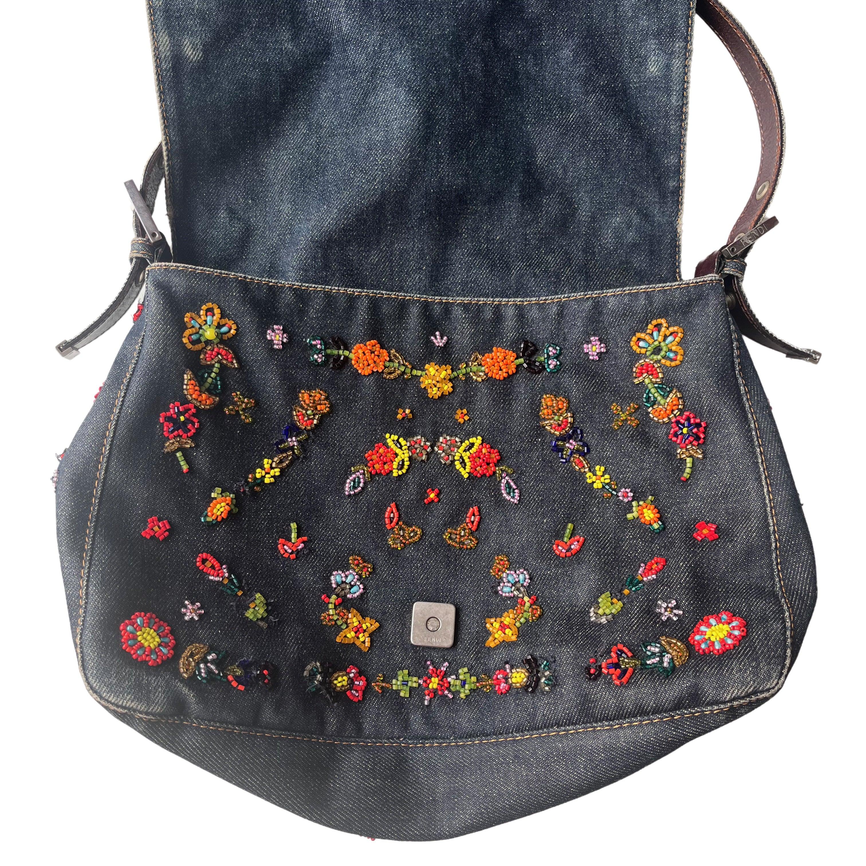 FENDI Mamma Baguette Blue Denim with Floral Beads 1