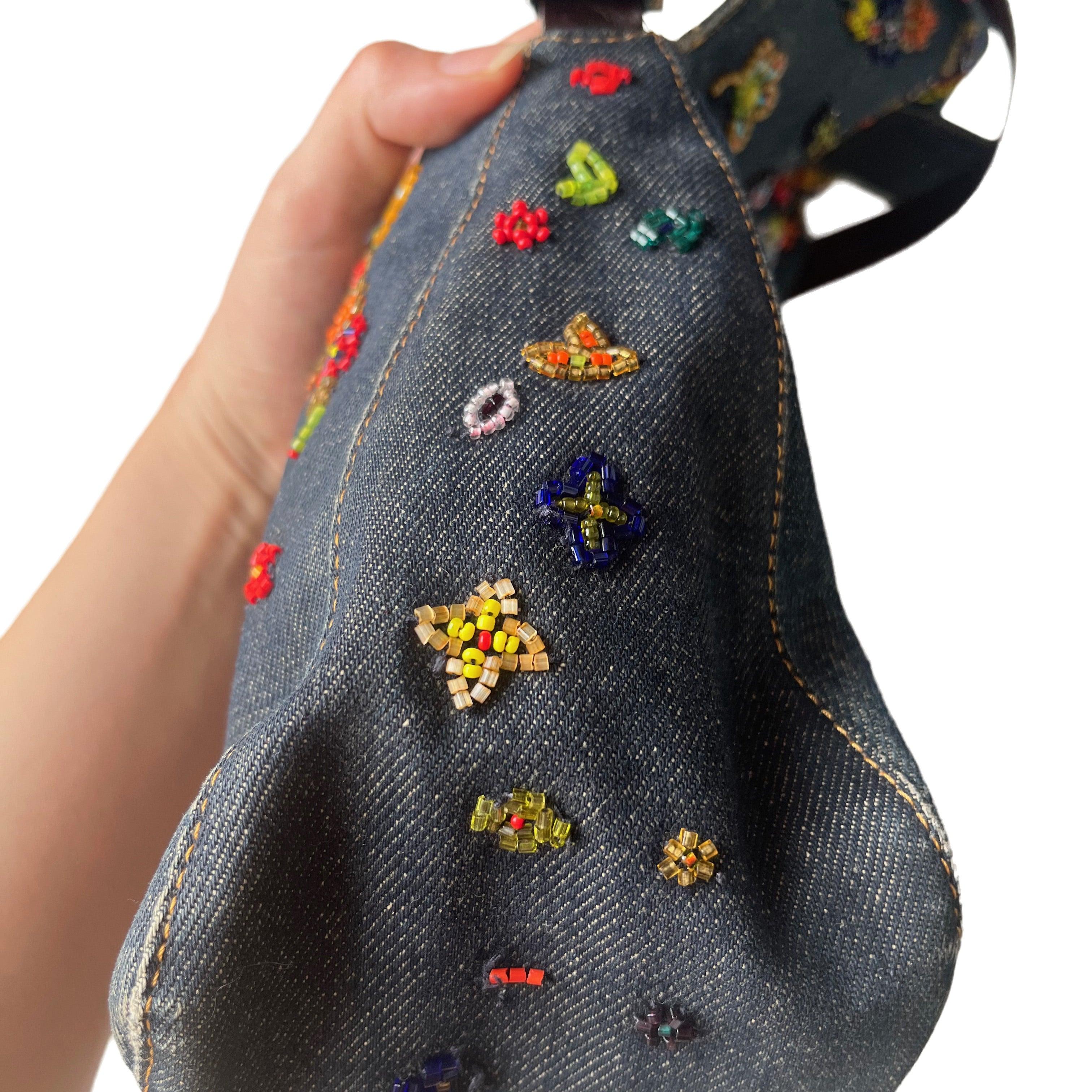 FENDI Mamma Baguette Blue Denim with Floral Beads 2