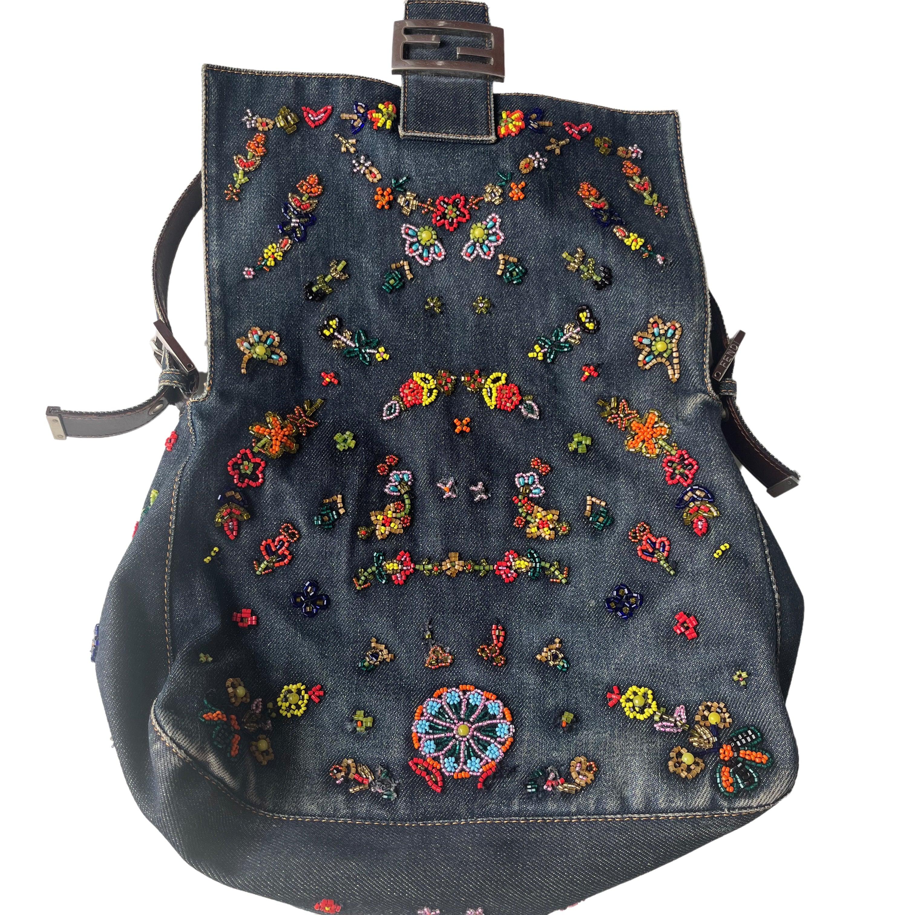 FENDI Mamma Baguette Blue Denim with Floral Beads 3