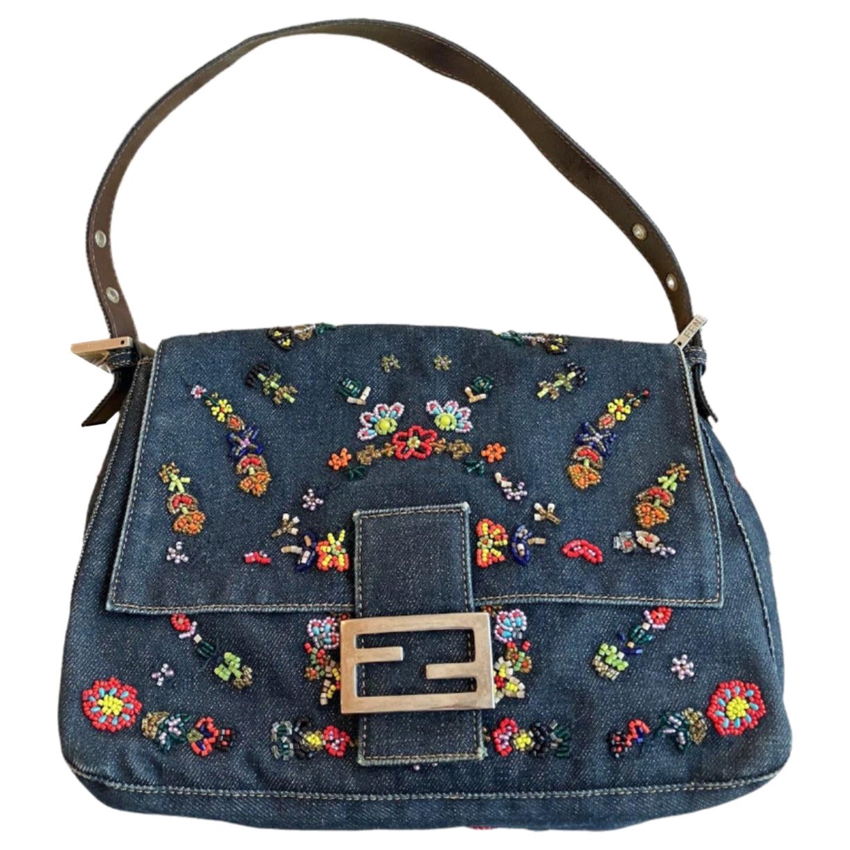 FENDI Mamma Baguette Blue Denim with Floral Beads