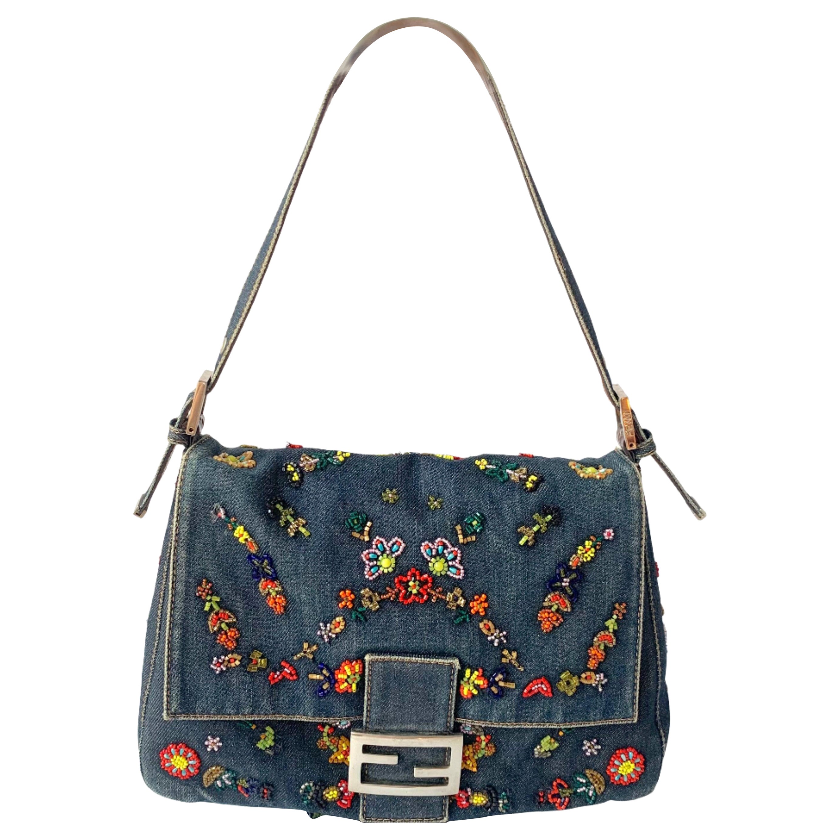 FENDI Mamma Baguette Blue Denim with Floral Beads