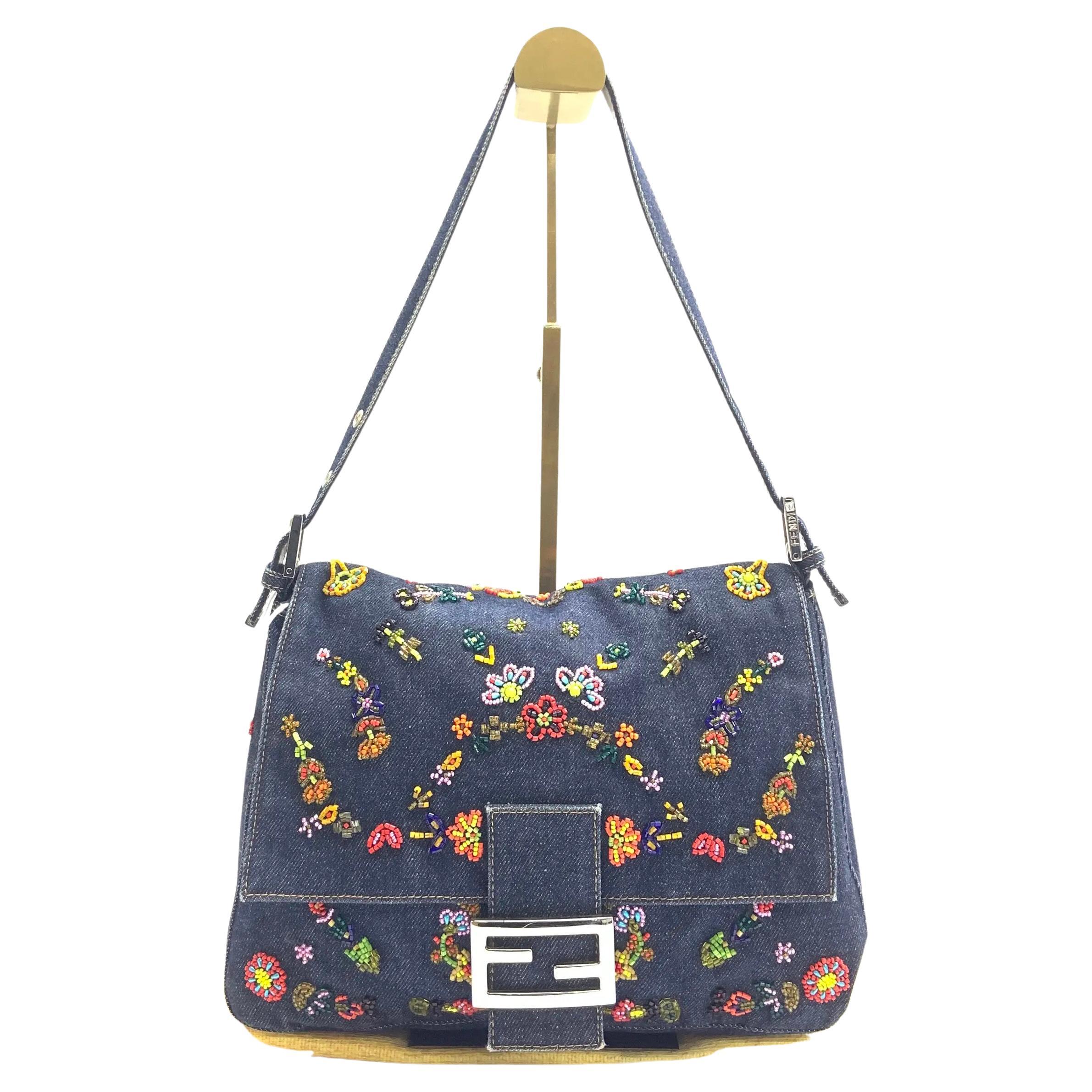 FENDI Mamma Baguette Blu Denim con perline floreali Vintage