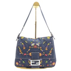 FENDI Mamma Baguette Blue Denim with Floral Beads Vintage