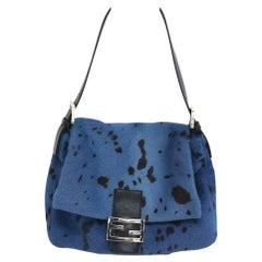 Fendi Mamma Baguette Blue Leopard Print Ponyhair Leather Shoulder Bag