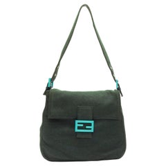 FENDI Mamma Baguette-Schultertasche aus grauer Wolle mit blauer geriebener Schnalle