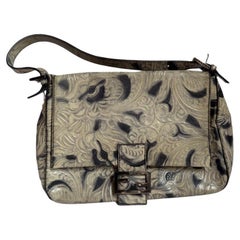 Fendi Mamma Baguette Blue White Flower Embossed Shoulder Bag