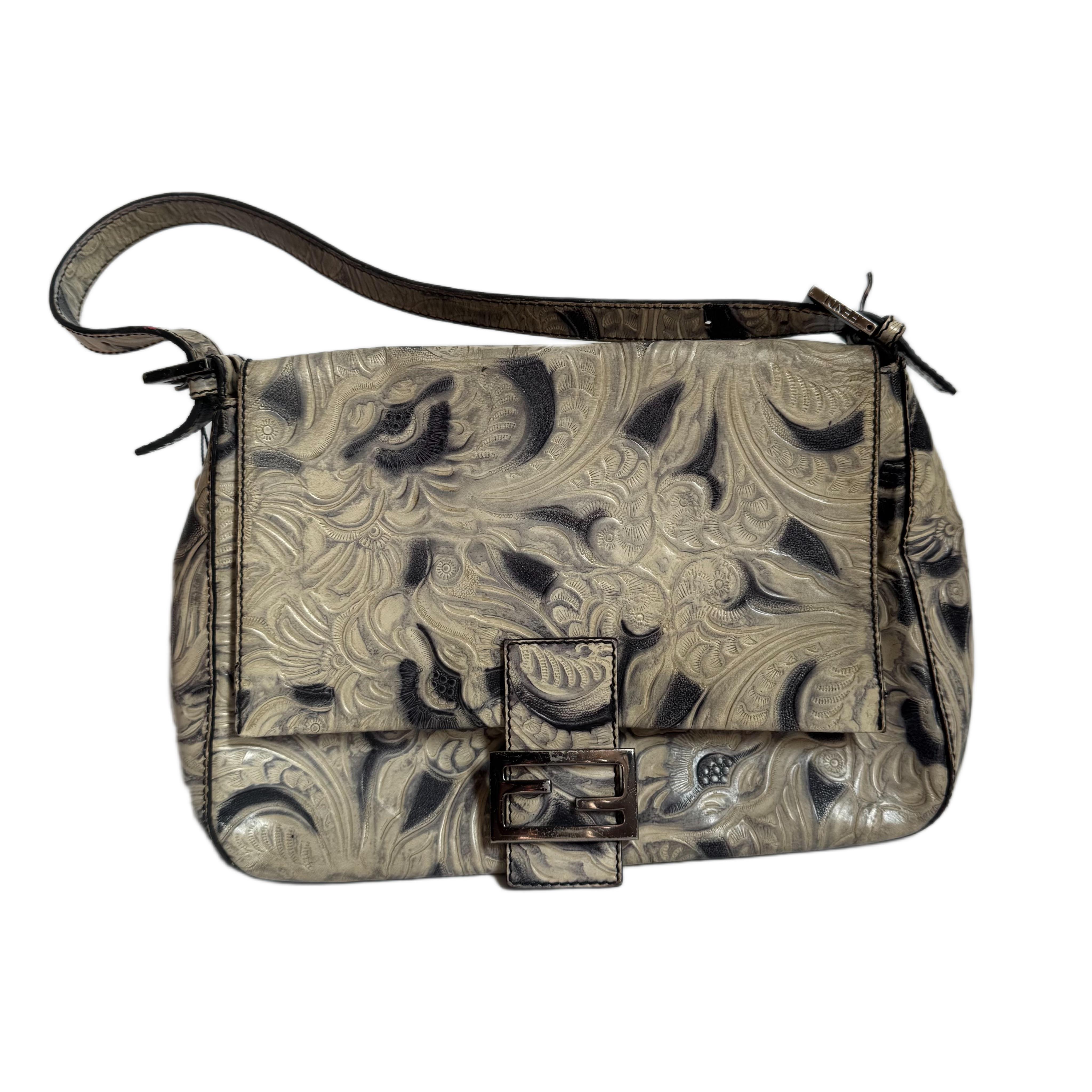 Fendi Mamma Baguette Borsa a tracolla blu bianca con fiori in rilievo