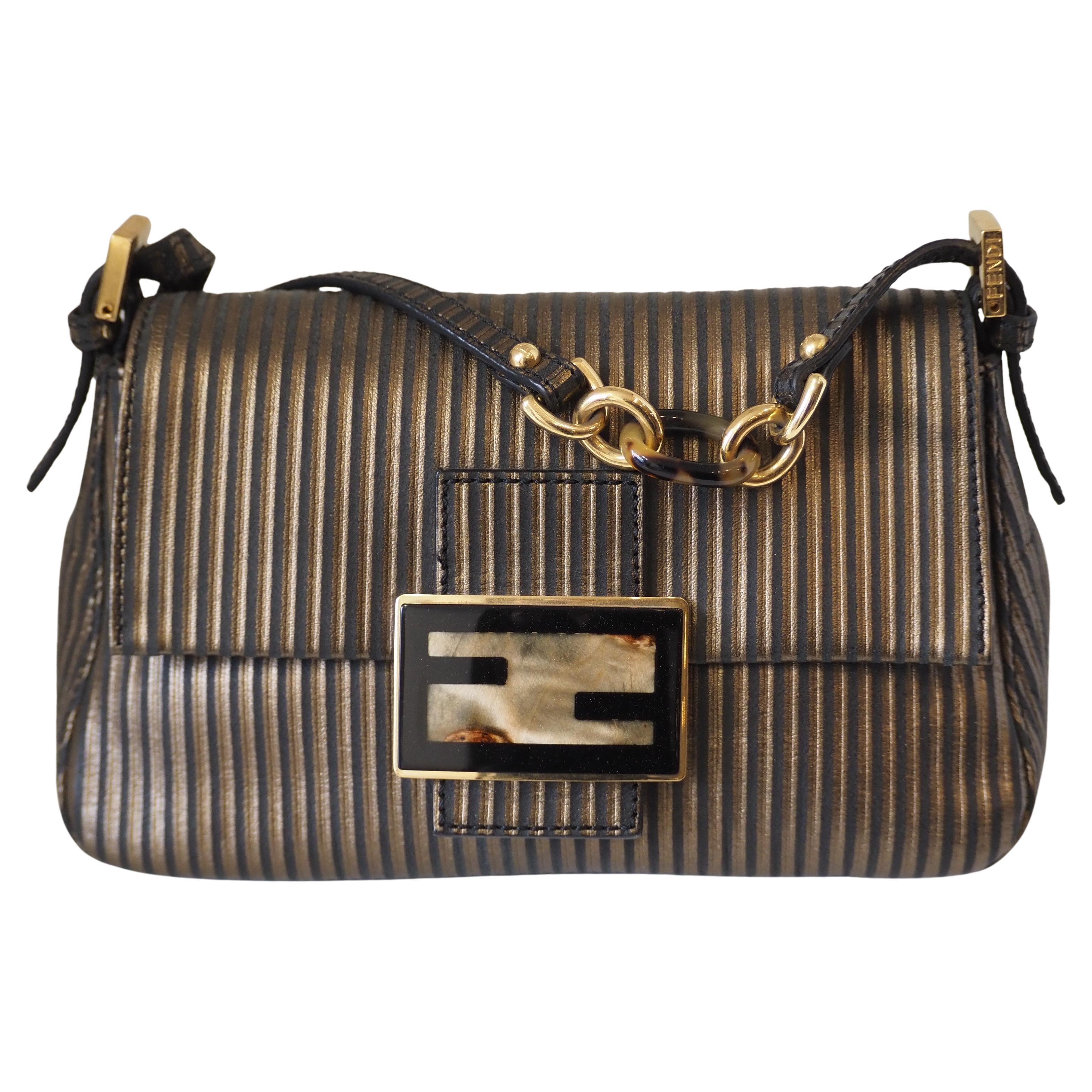 Fendi mamma baguette brown and gold handle bag For Sale