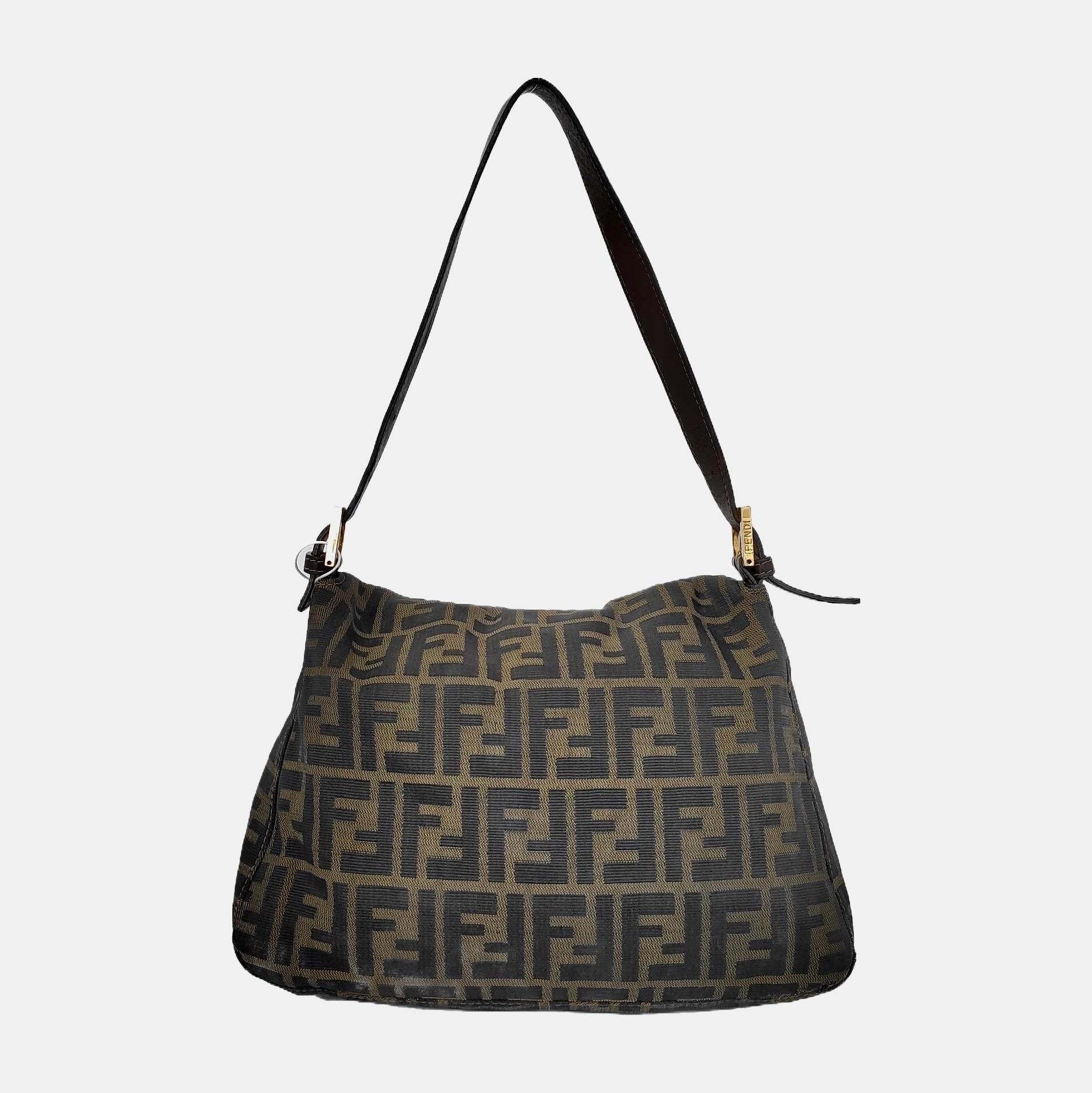Black Fendi Mamma Baguette Brown Classic Zucca Monogram Gold Hardware
