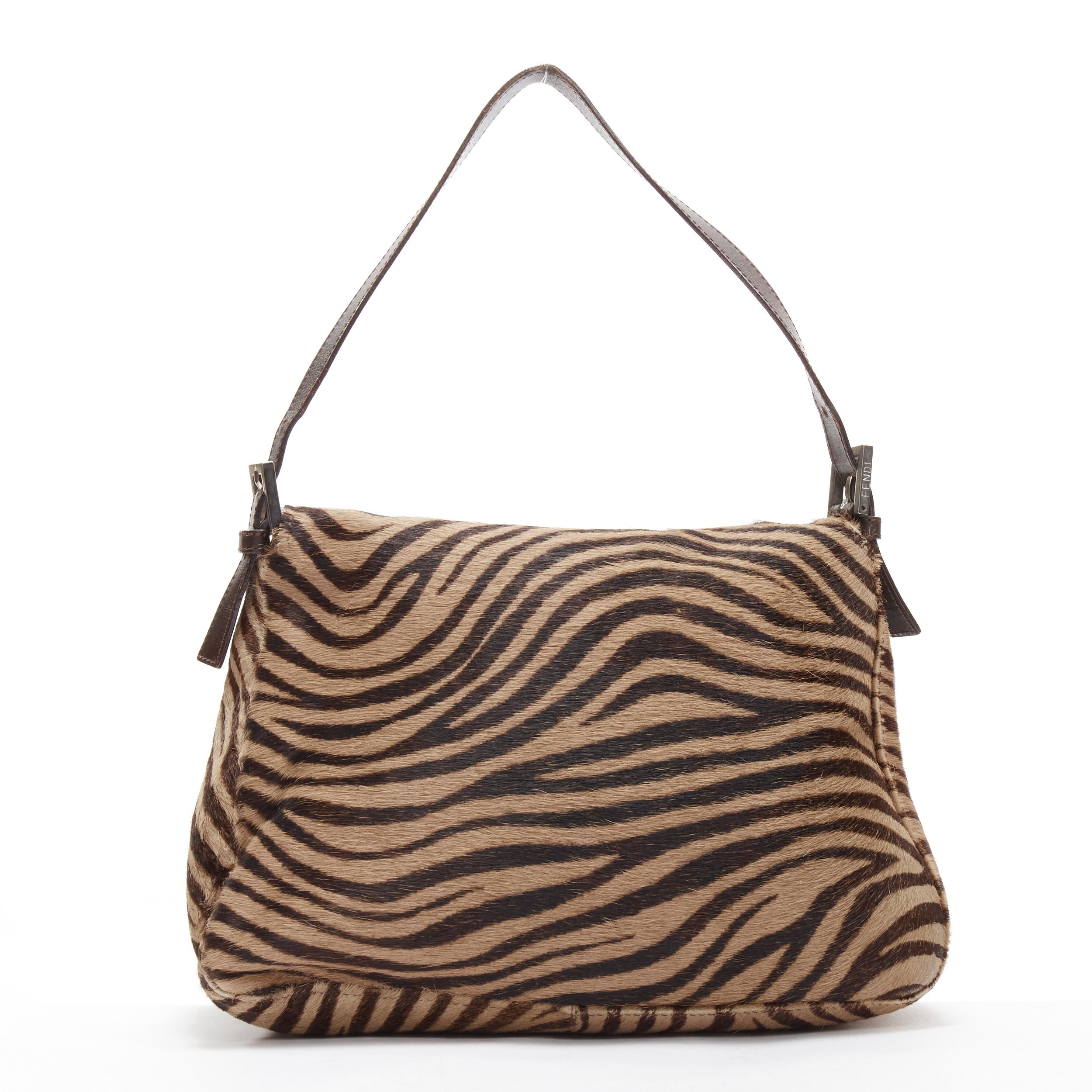 Women's FENDI Mamma Baguette brown zebra stripe FF logo horsehair top handle flap bag