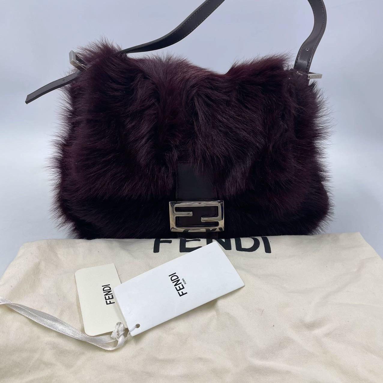 Fendi Mamma Baguette Burgundy Faux Fur Shoulder Bag For Sale 2