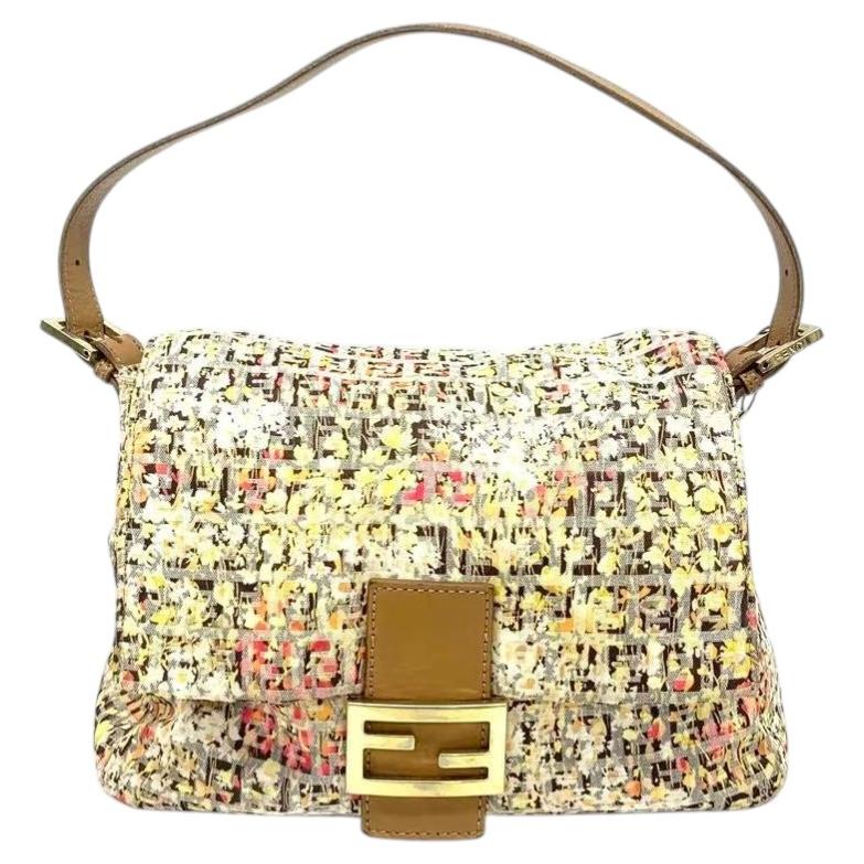 Fendi Mamma Baguette Floral Print Beige Leather Shoulder Bag