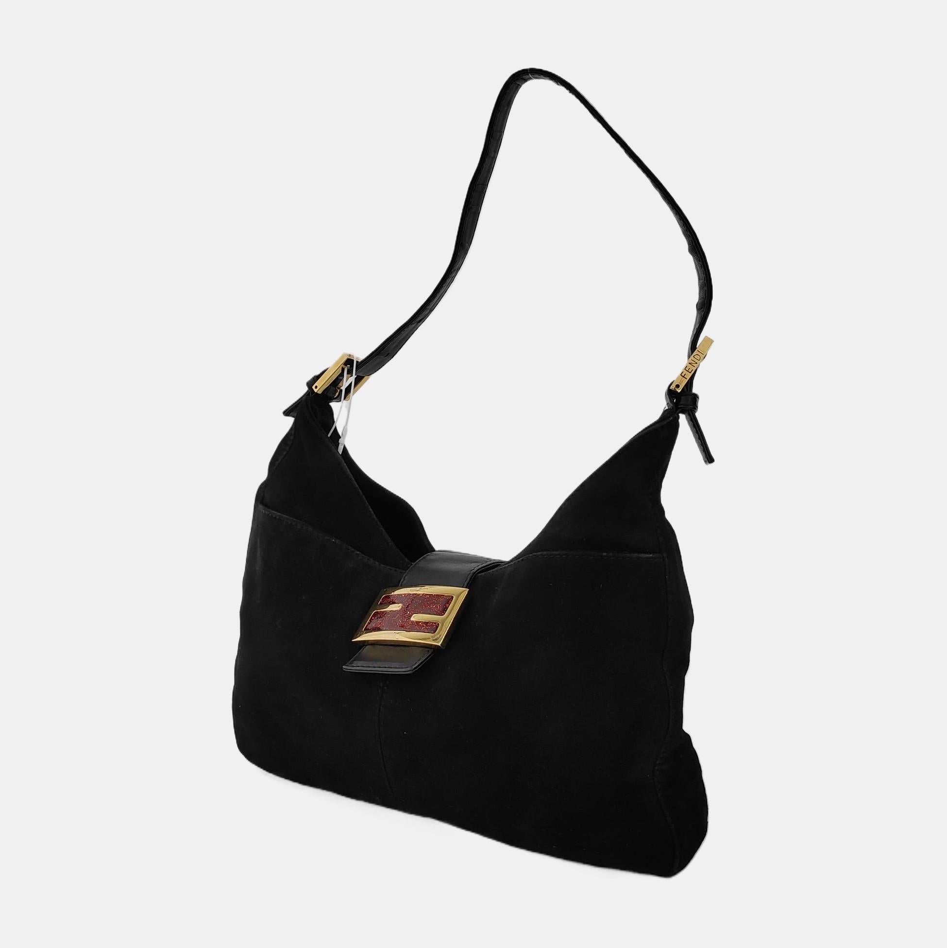 Fendi Mamma Baguette Forever Black Suede Leather Red Buckle For Sale 1