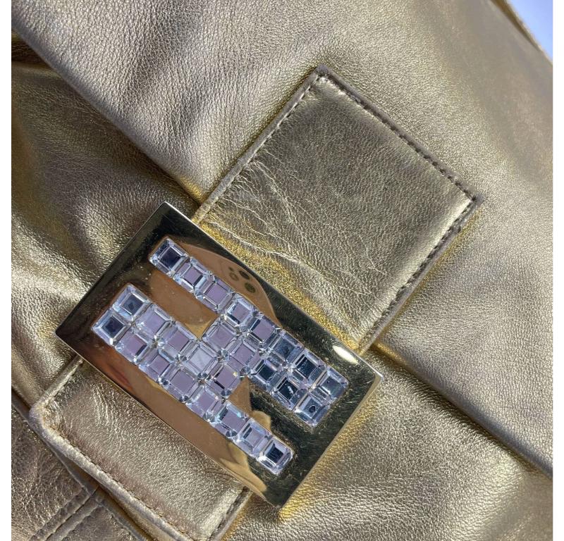 Fendi Mamma Baguette Gold Lambskin Leather Crystal Buckle For Sale 5