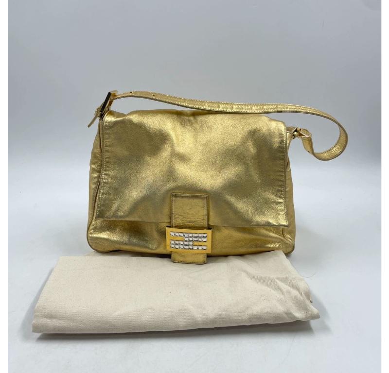 Fendi Mamma Baguette Gold Lambskin Leather Crystal Buckle For Sale 4