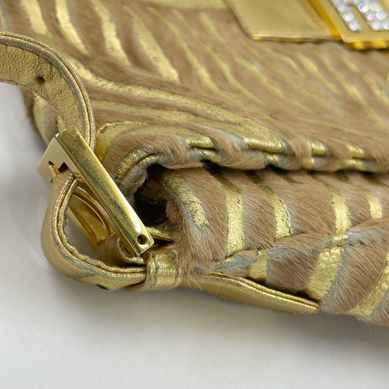 Fendi Mamma Baguette Gold Lambskin Leather Pony-style Zebra Stripes For Sale 8