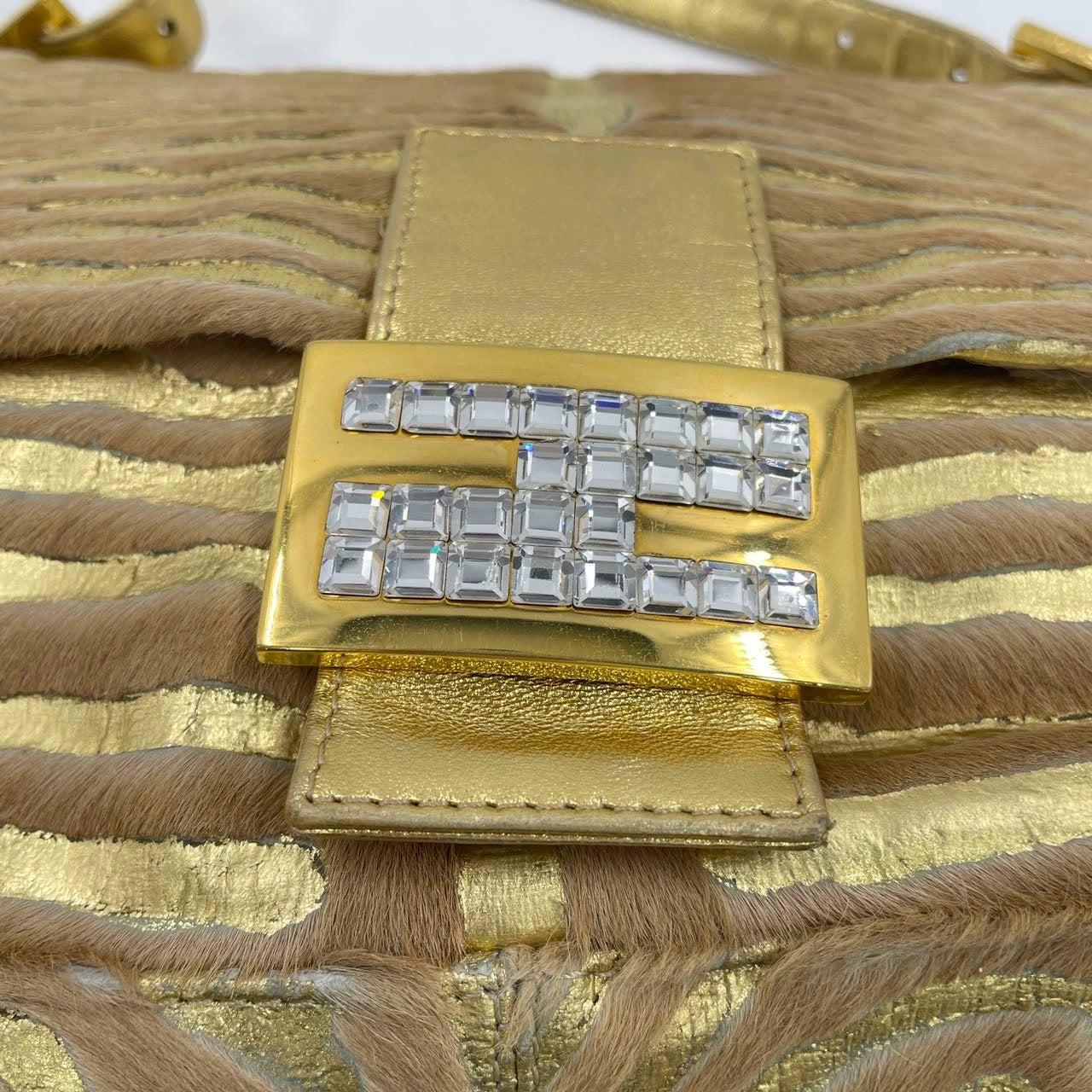 Fendi Mamma Baguette Gold Lambskin Leather Pony-style Zebra Stripes For Sale 9