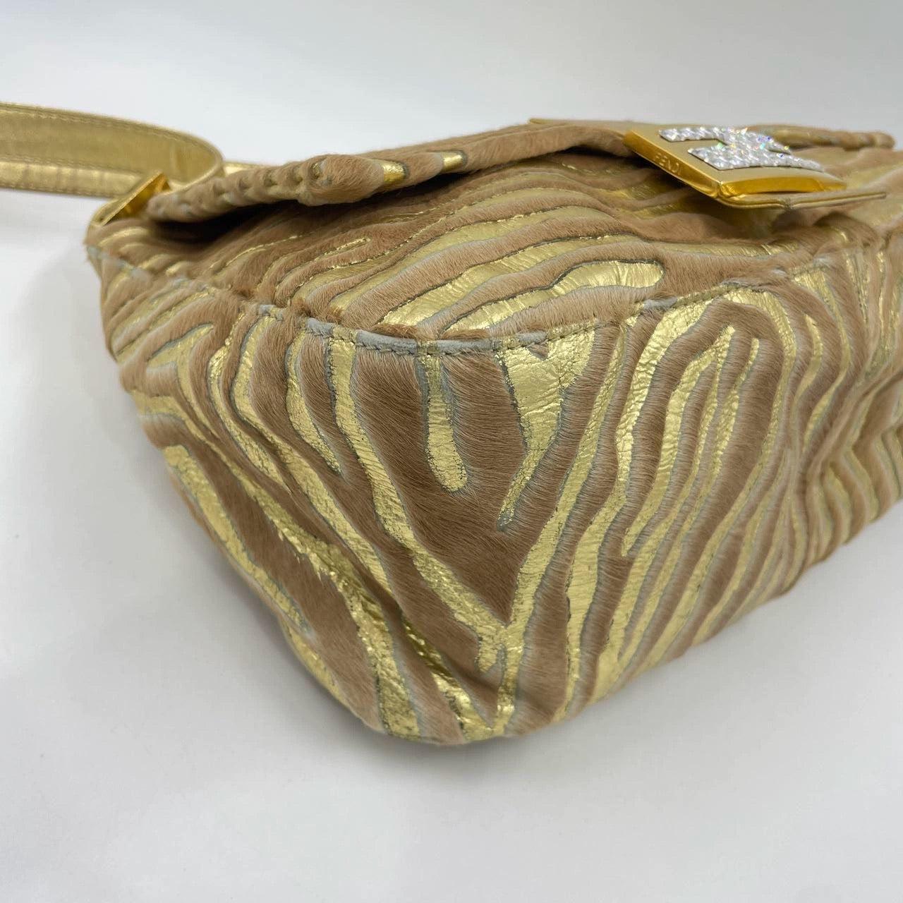 Fendi Mamma Baguette Gold Lambskin Leather Pony-style Zebra Stripes For Sale 10