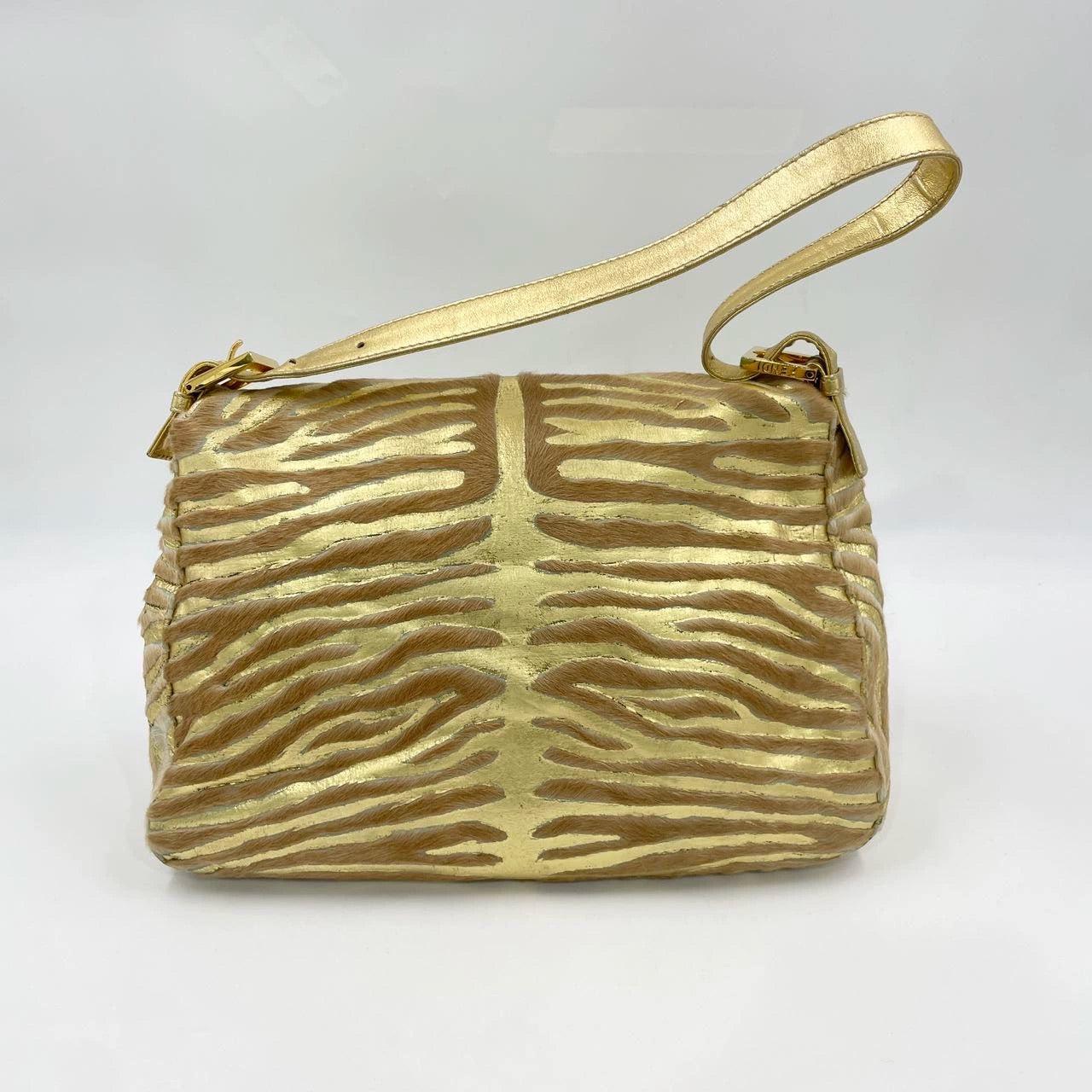 Brown Fendi Mamma Baguette Gold Lambskin Leather Pony-style Zebra Stripes For Sale