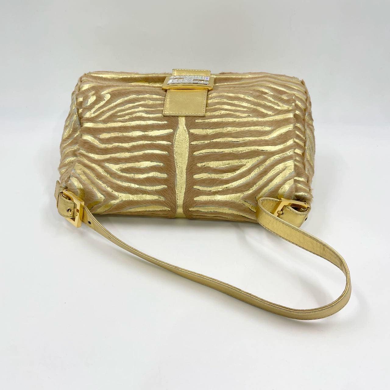 Women's Fendi Mamma Baguette Gold Lambskin Leather Pony-style Zebra Stripes For Sale