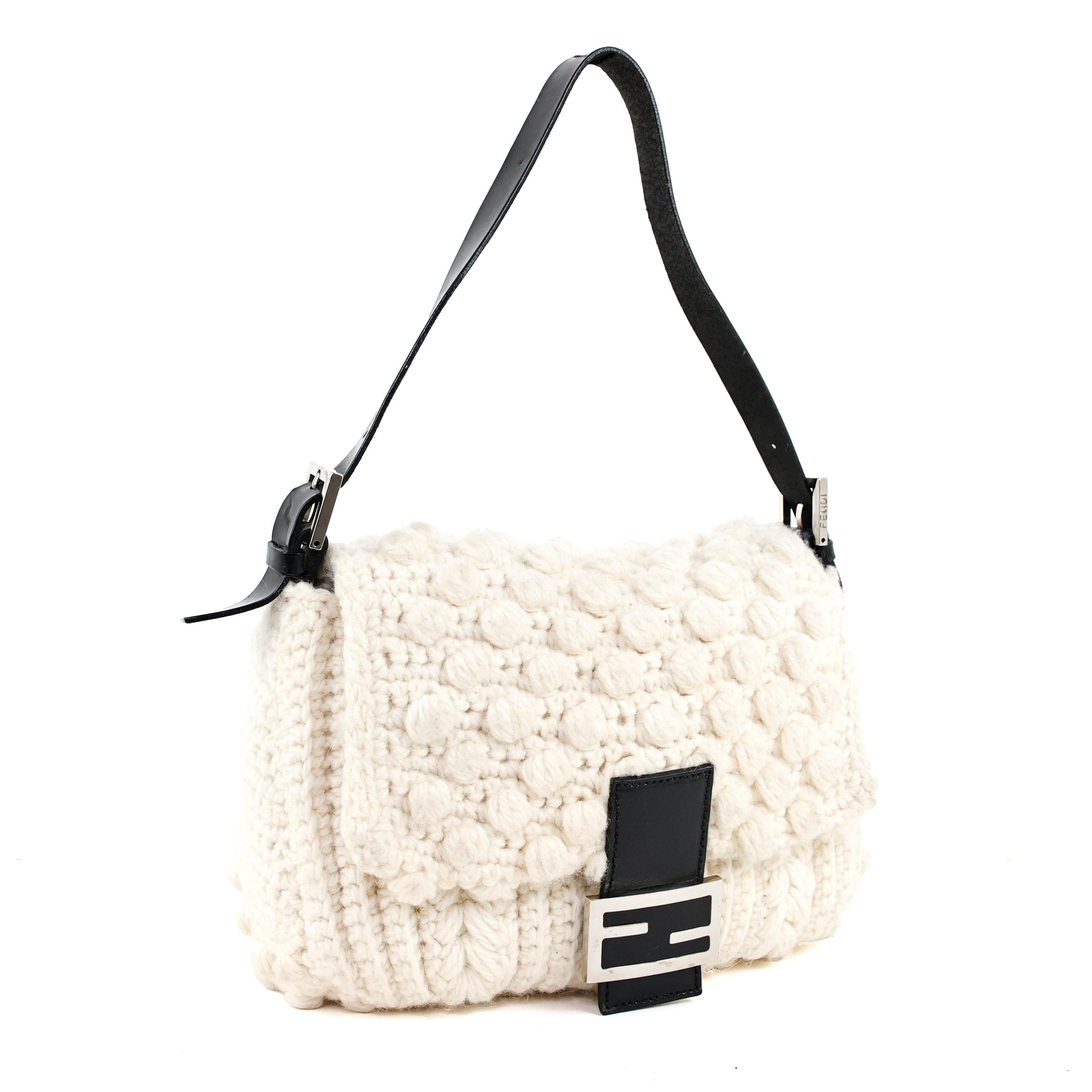 White Fendi Mamma Baguette in Wool For Sale