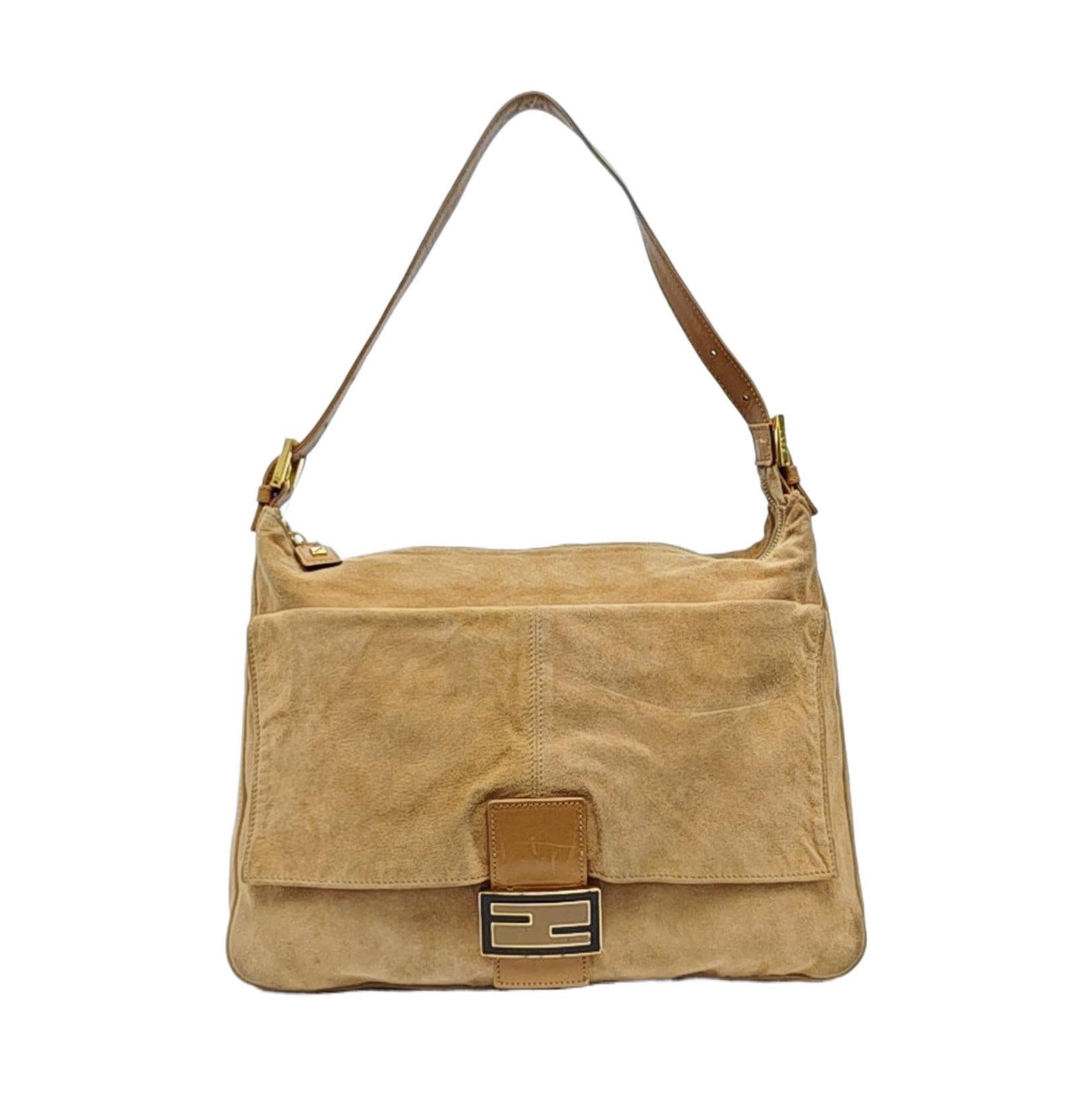 Fendi Mamma Baguette Large Brown Suede Leather Zipper Opening For Sale