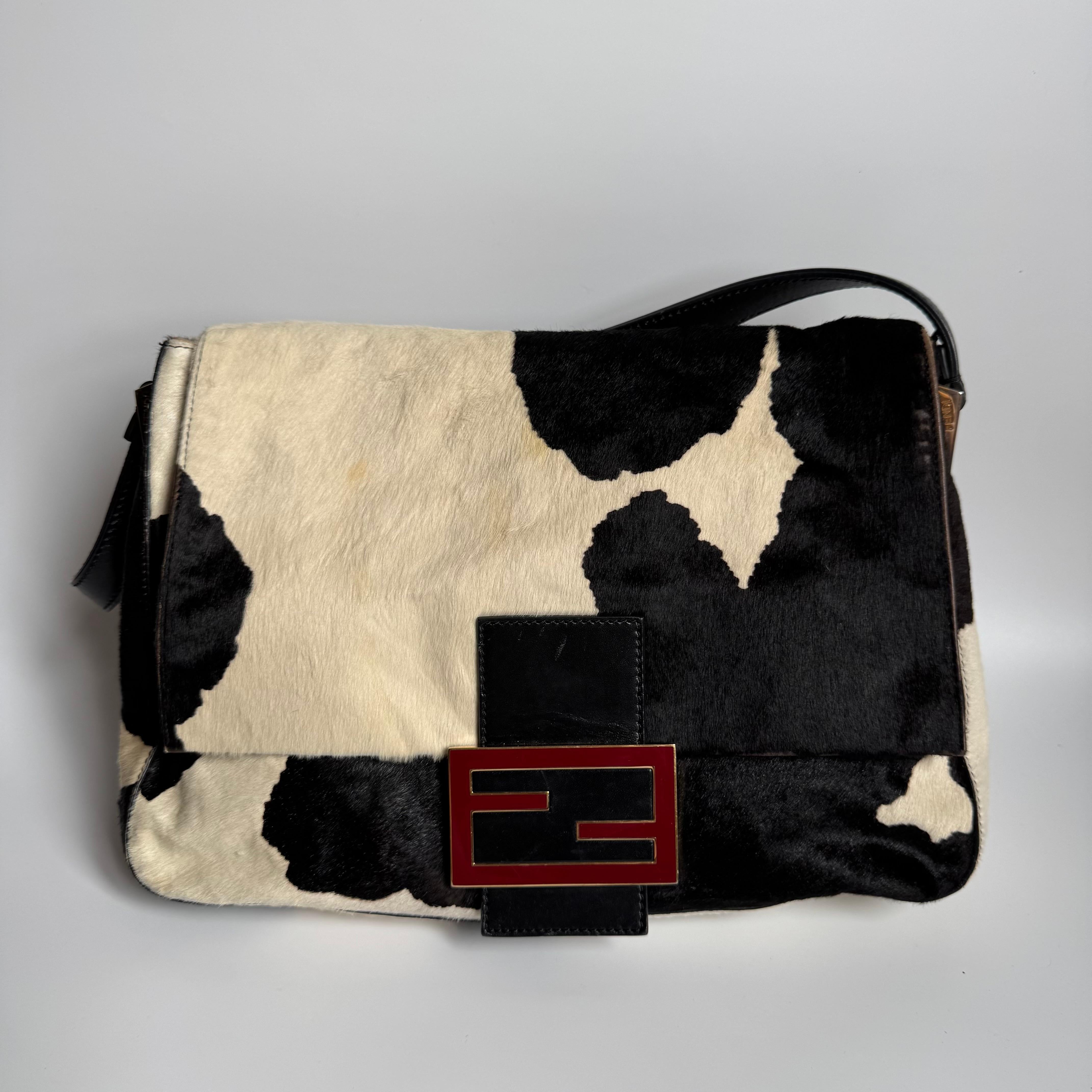 Fendi Mamma Baguette Large Pony hair in Cow Print Black and White For Sale