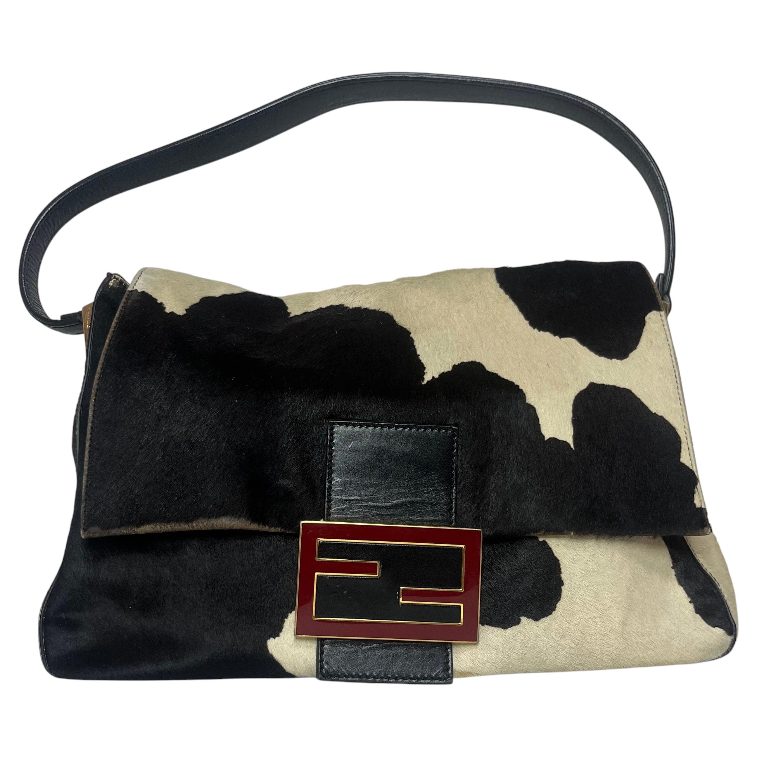 Fendi Mamma Baguette Large Pony hair in Cow Print Black and White