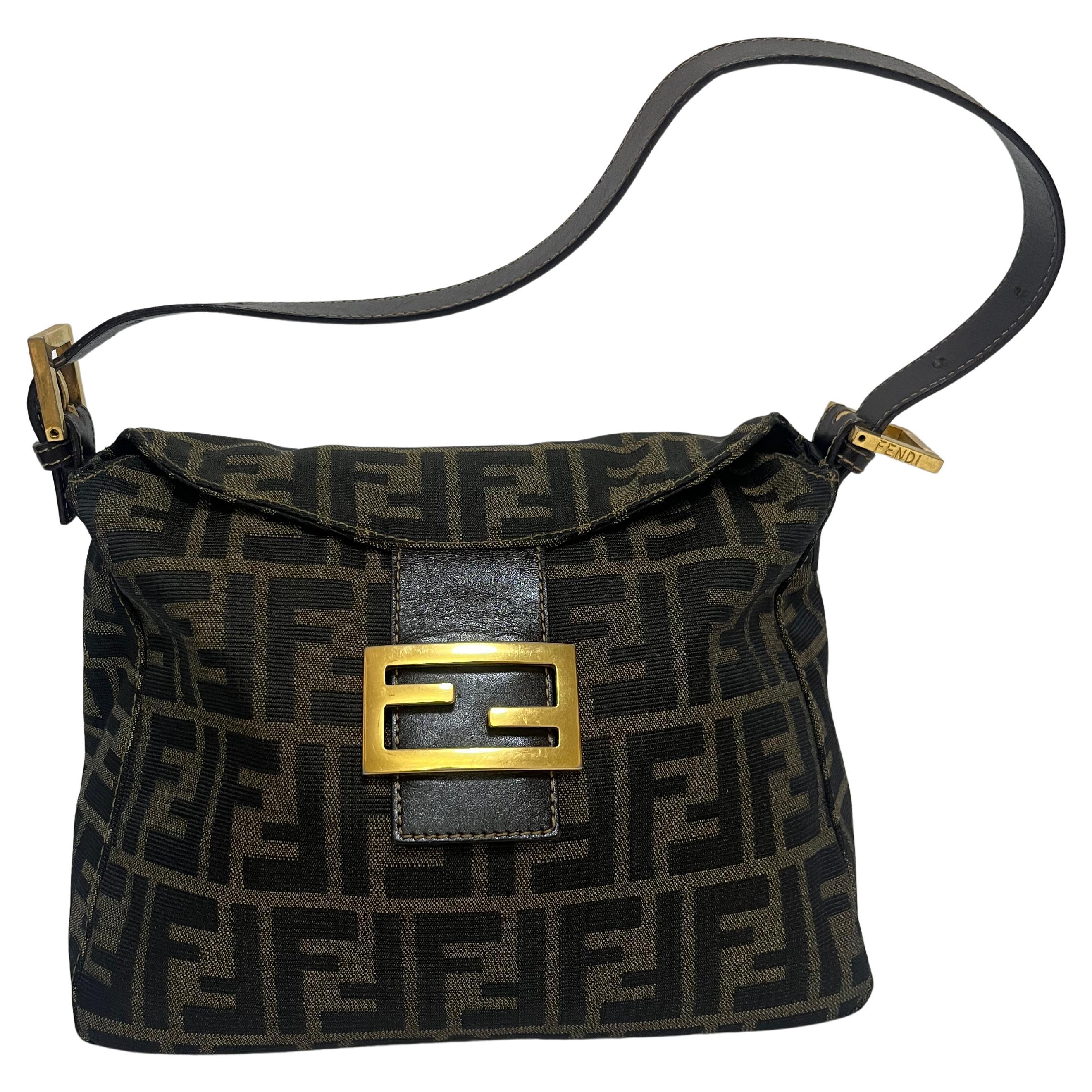 Fendi Mamma Baguette Mini Marrone Stampa Zucca Hardware Oro in vendita