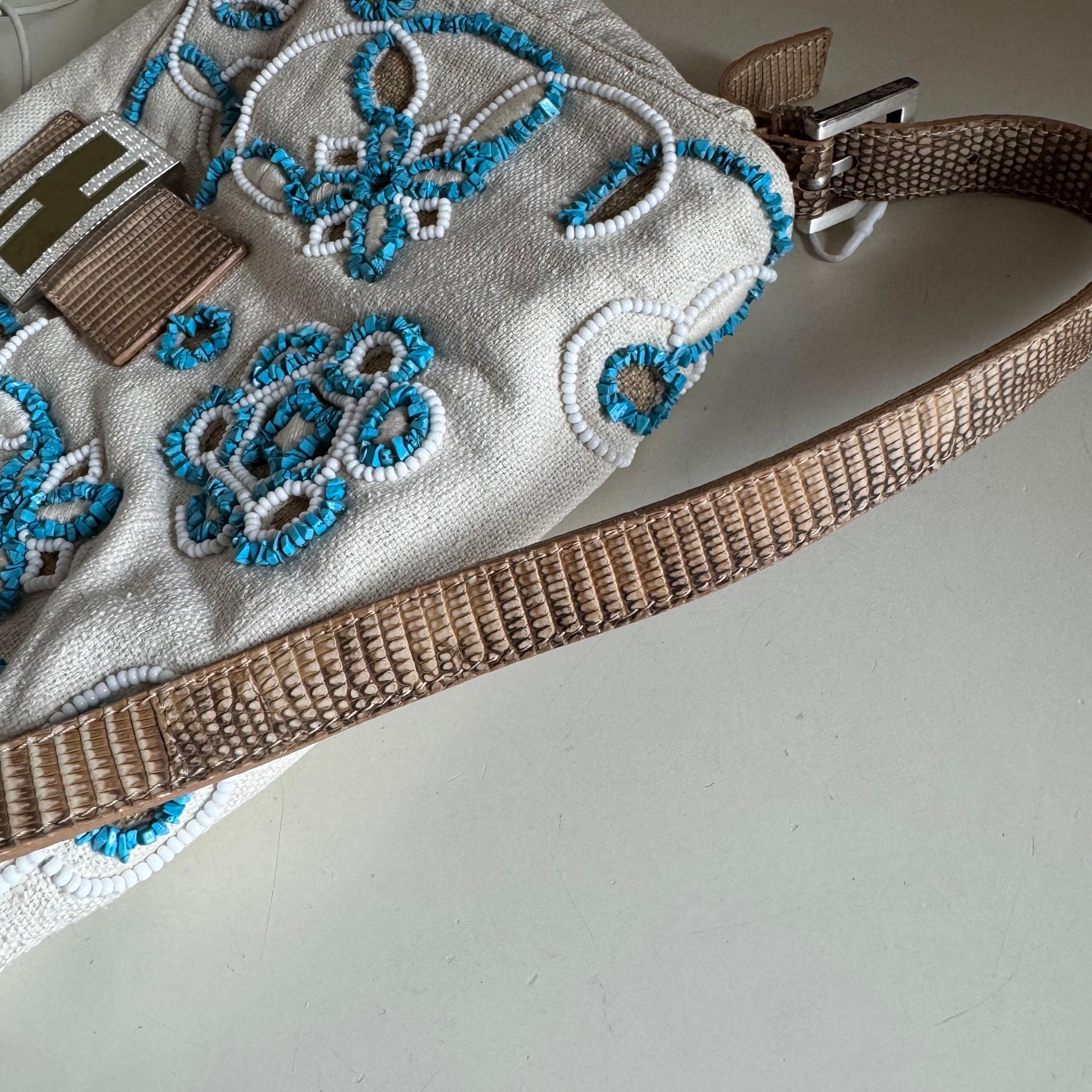 Fendi Mamma Baguette Needlepoint White Canvas and Blue and White Stones Embroide 7
