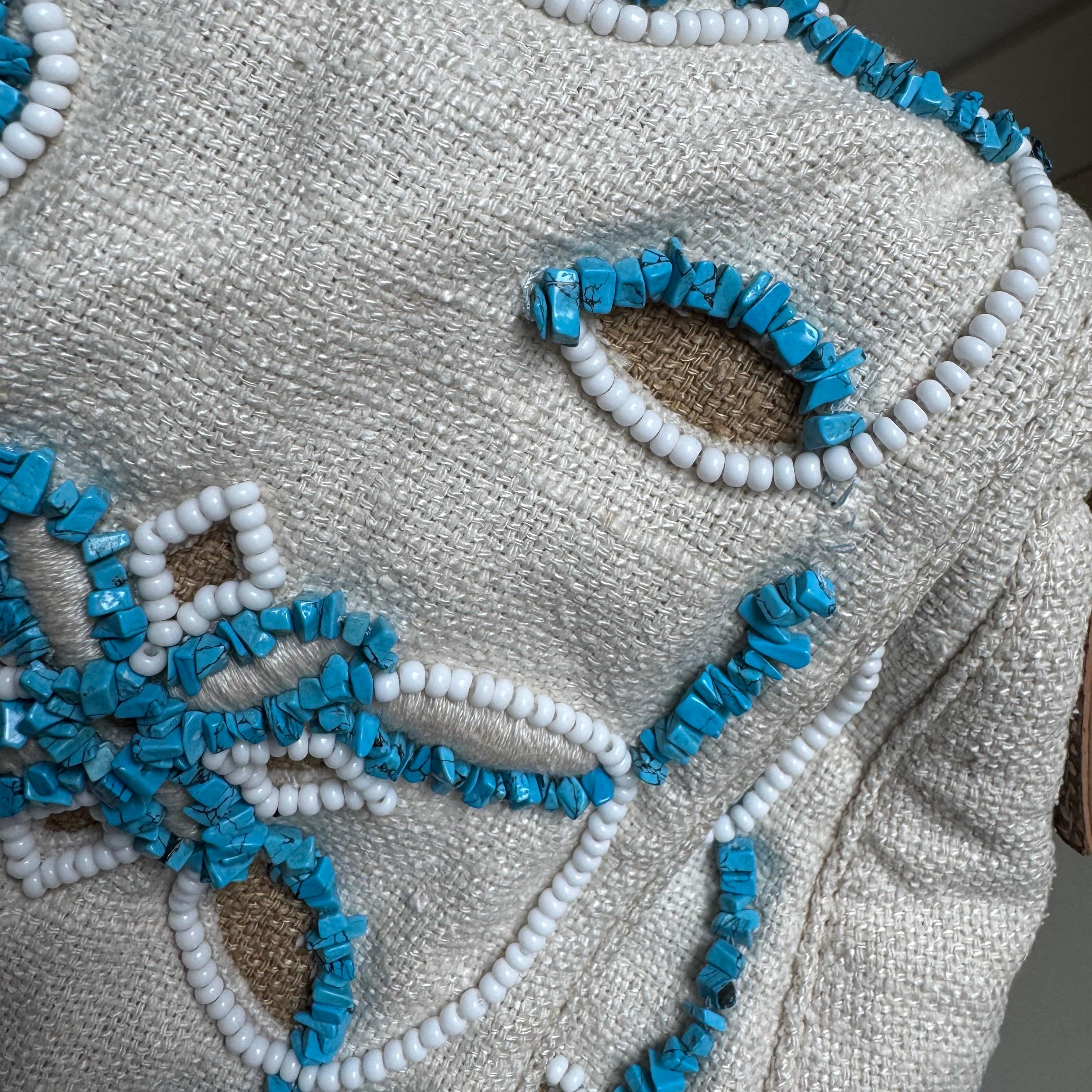 Fendi Mamma Baguette Needlepoint White Canvas and Blue and White Stones Embroide 10