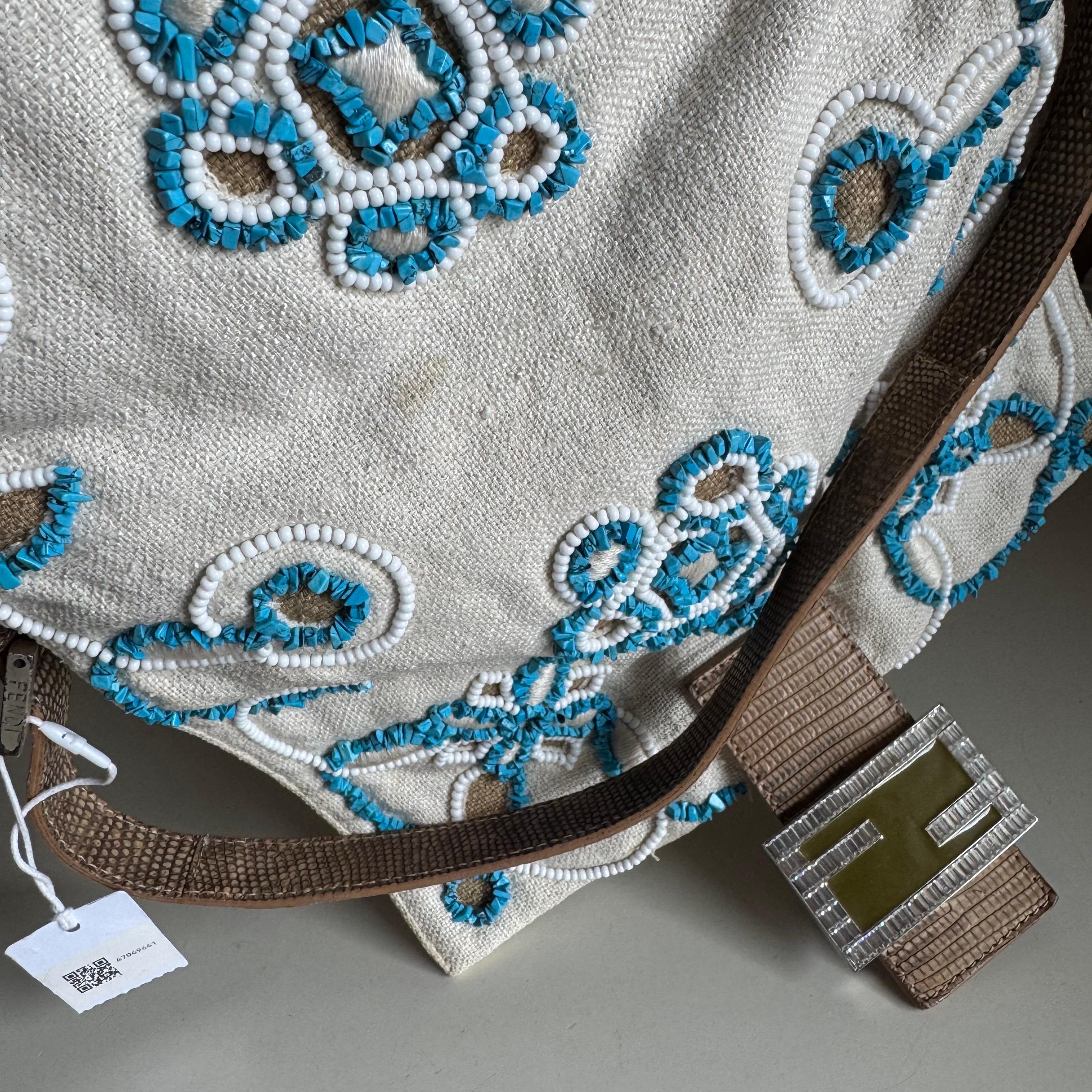 Fendi Mamma Baguette Needlepoint White Canvas and Blue and White Stones Embroide 12