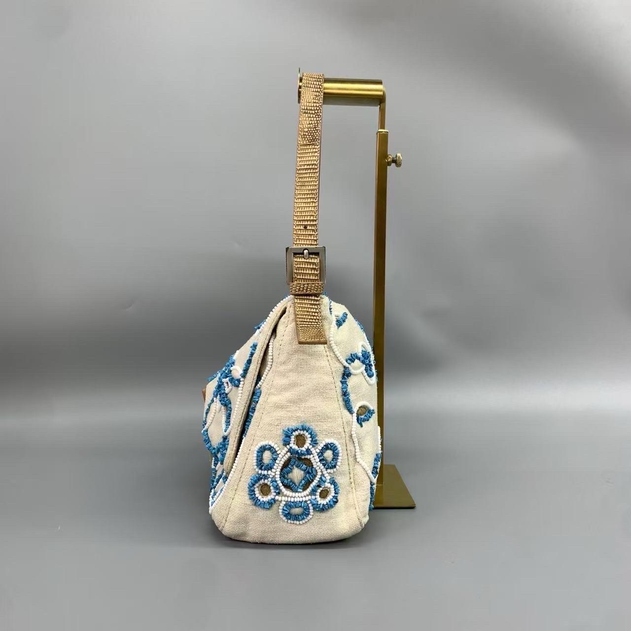 Beige Fendi Mamma Baguette Needlepoint White Canvas and Blue and White Stones Embroide
