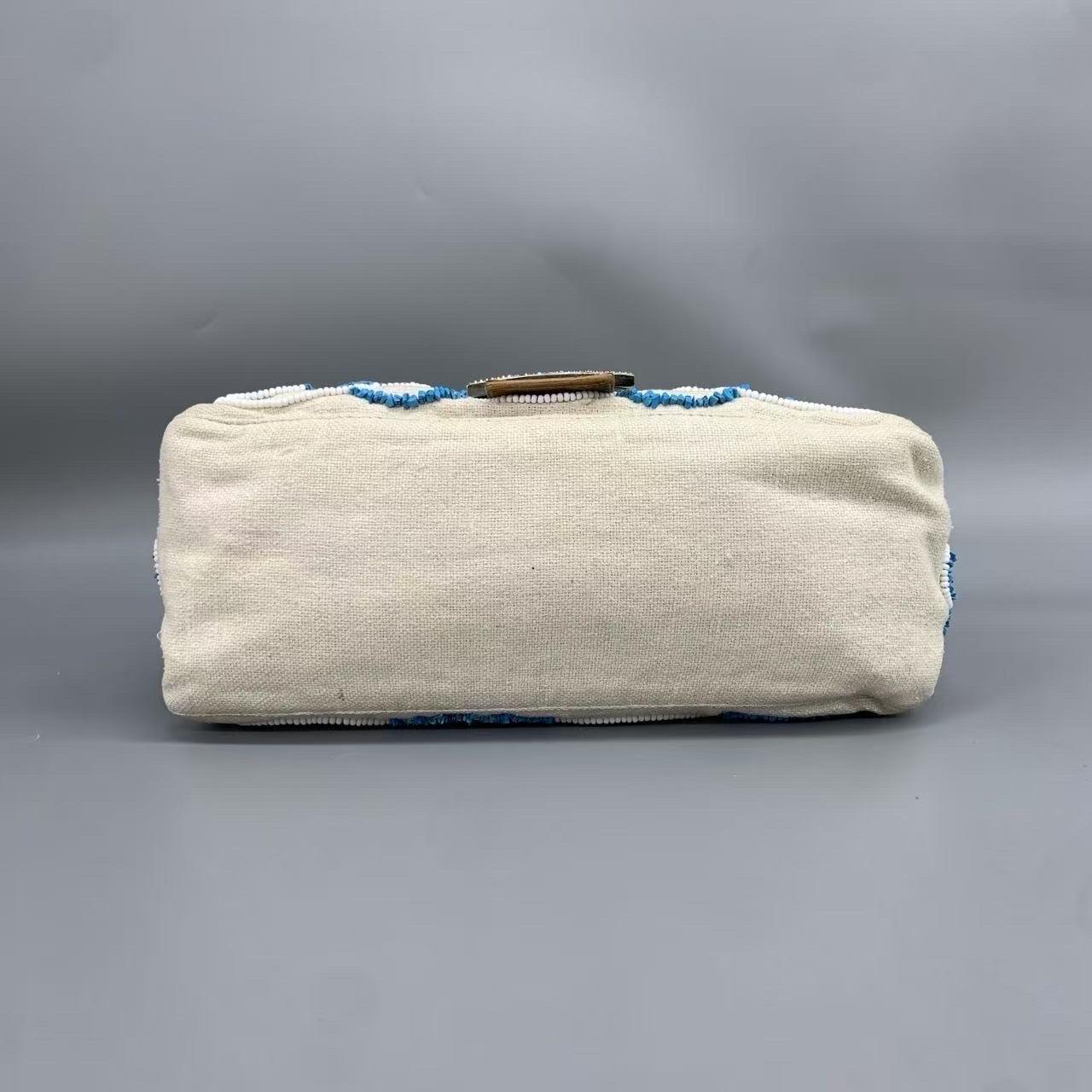 Women's Fendi Mamma Baguette Needlepoint White Canvas and Blue and White Stones Embroide