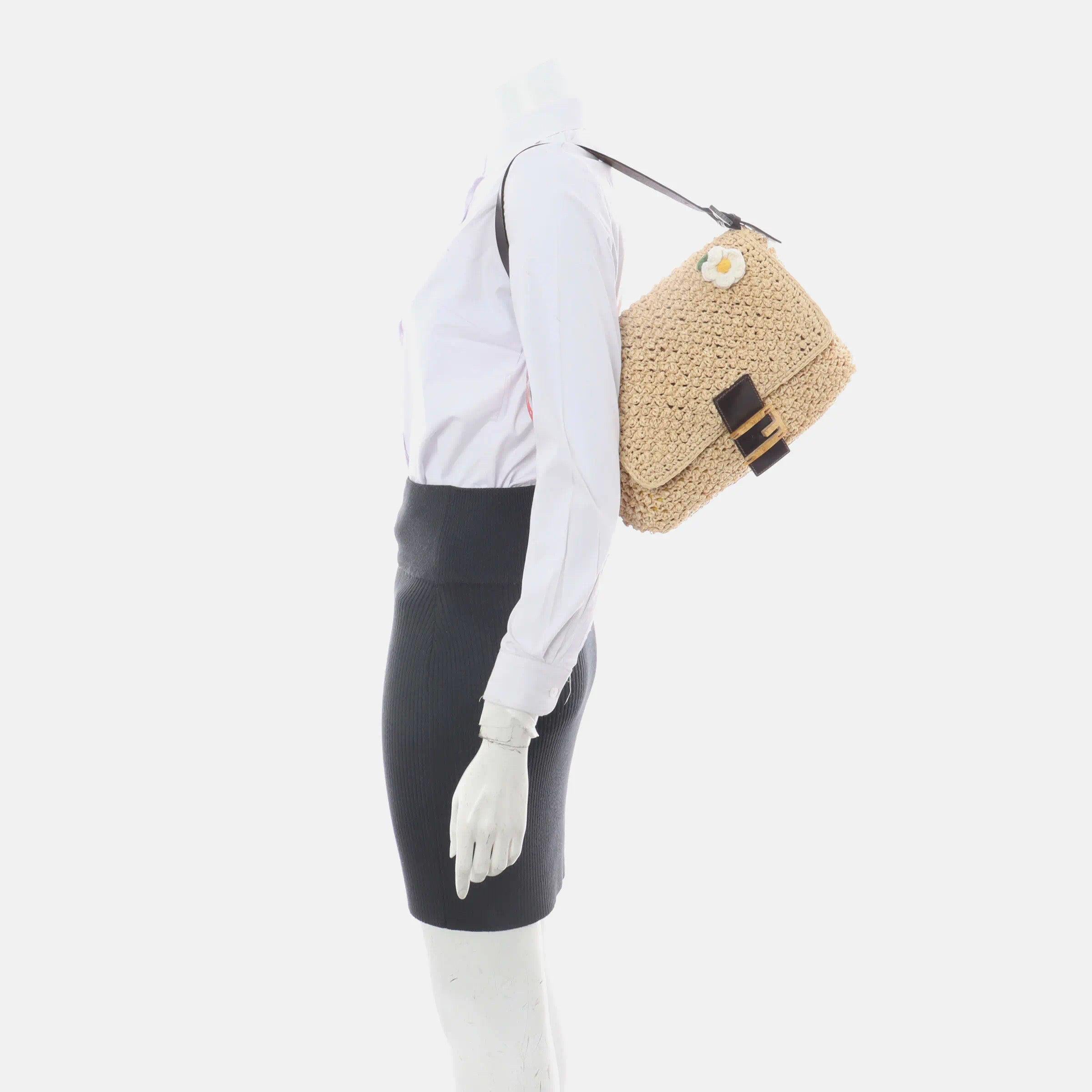 Fendi Mamma Baguette Raffia Crochet Shoulder Bag with Flower
These are professional photos of the actual bag.
  This Fendi Baguette is made from Raffia material that‚Äôs similar to straw but softer and stronger, crafted in a crochet style knit,