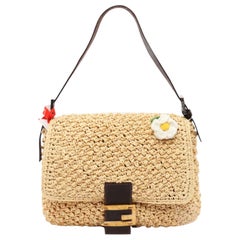Fendi Mamma Baguette Raffia Crochet Shoulder Bag with Flower