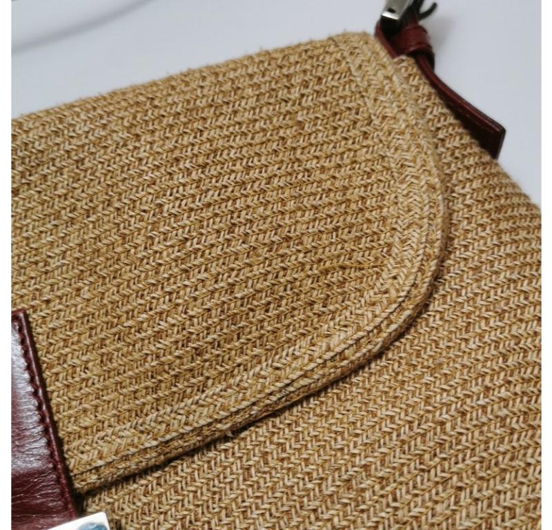 Fendi Mamma Baguette Raffia Straw Shoulder Bag Red Leather Strap 8