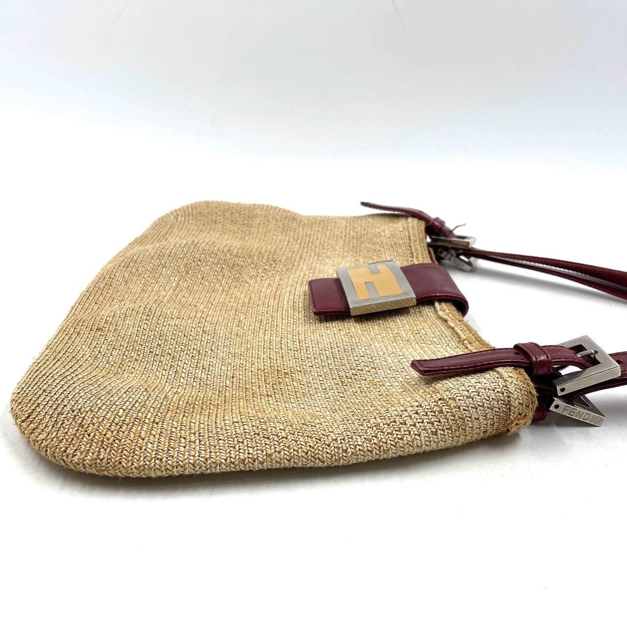 Beige Fendi Mamma Baguette Raffia Straw Shoulder Bag Red Leather Strap For Sale