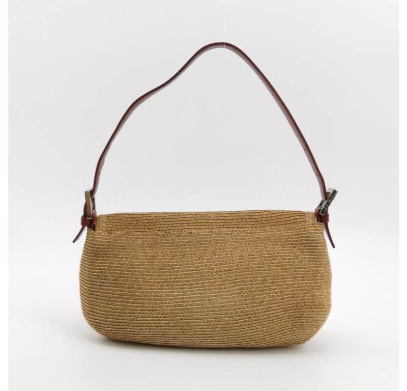Women's Fendi Mamma Baguette Raffia Straw Shoulder Bag Red Leather Strap