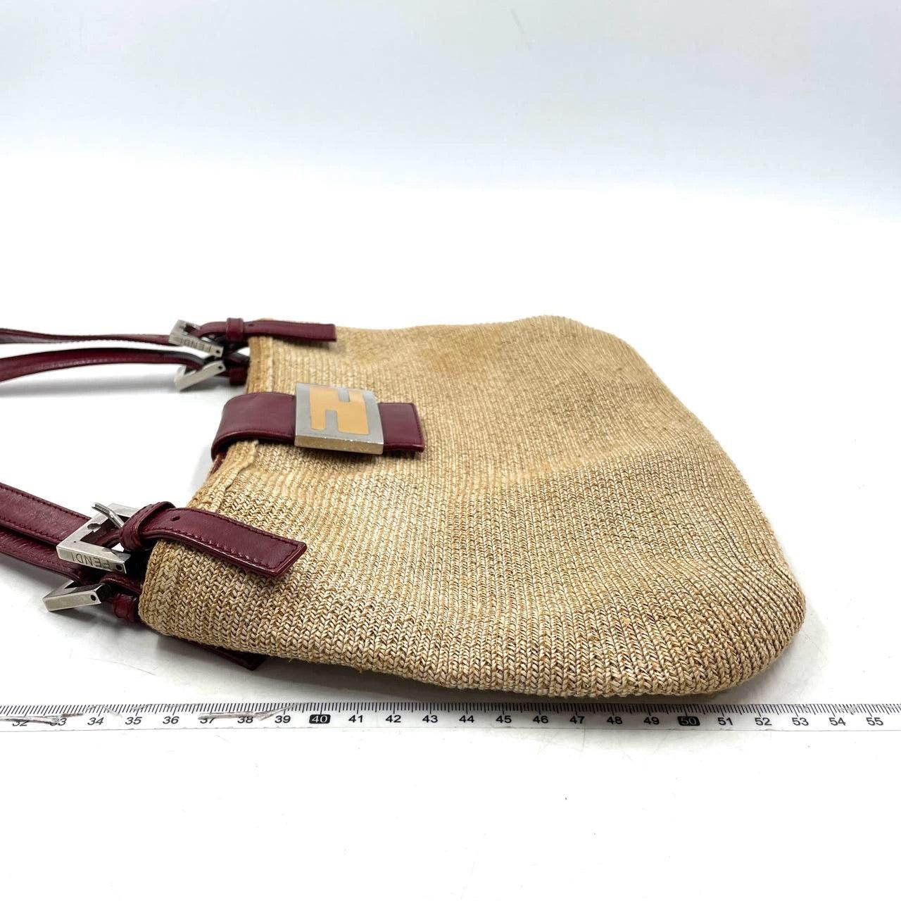 Women's Fendi Mamma Baguette Raffia Straw Shoulder Bag Red Leather Strap For Sale