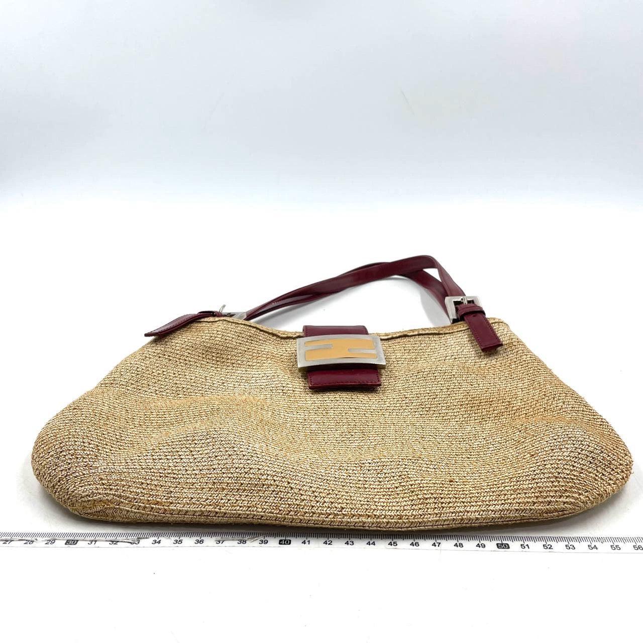 Fendi Mamma Baguette Raffia Straw Shoulder Bag Red Leather Strap For Sale 1