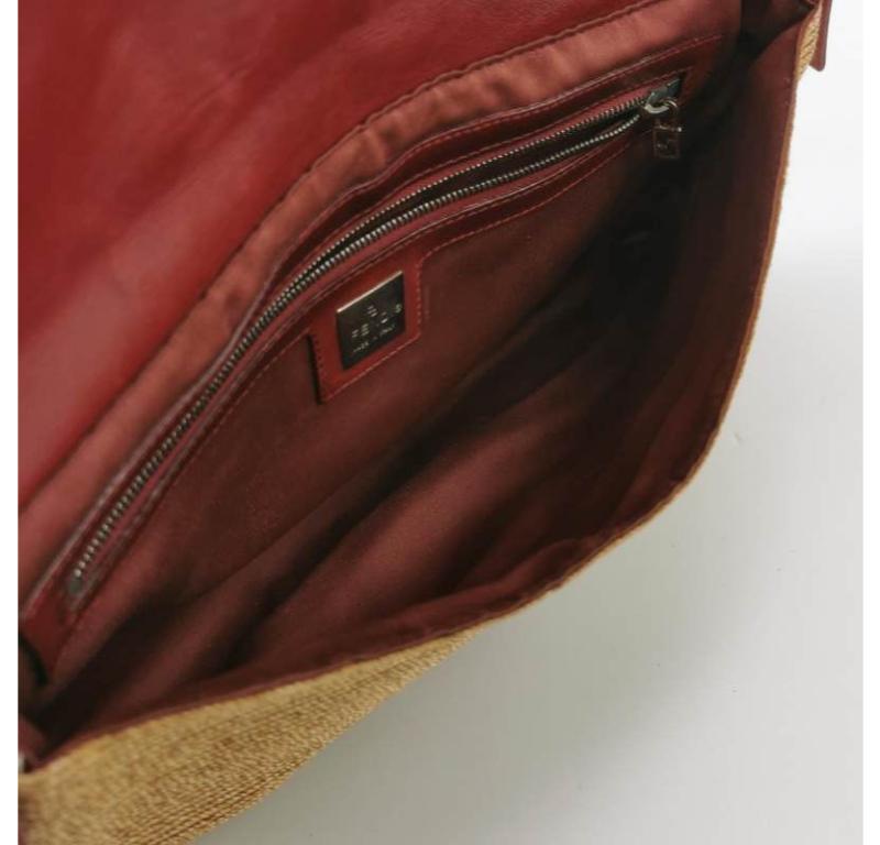 Fendi Mamma Baguette Raffia Straw Shoulder Bag Red Leather Strap 4