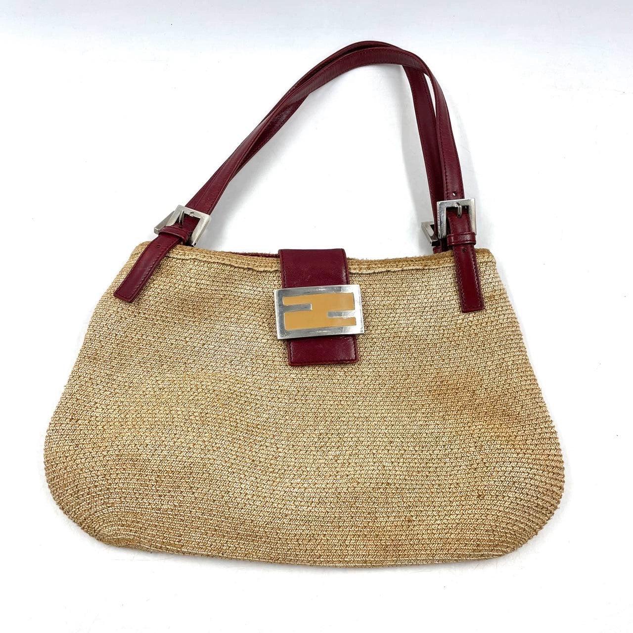 Fendi Mamma Baguette Raffia Straw Shoulder Bag Red Leather Strap For Sale 4