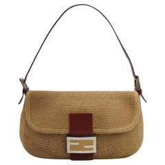 Fendi Mamma Baguette Raffia Straw Shoulder Bag Red Leather Strap